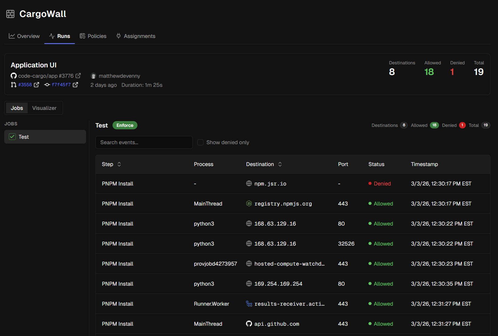CargoWall run detail with events