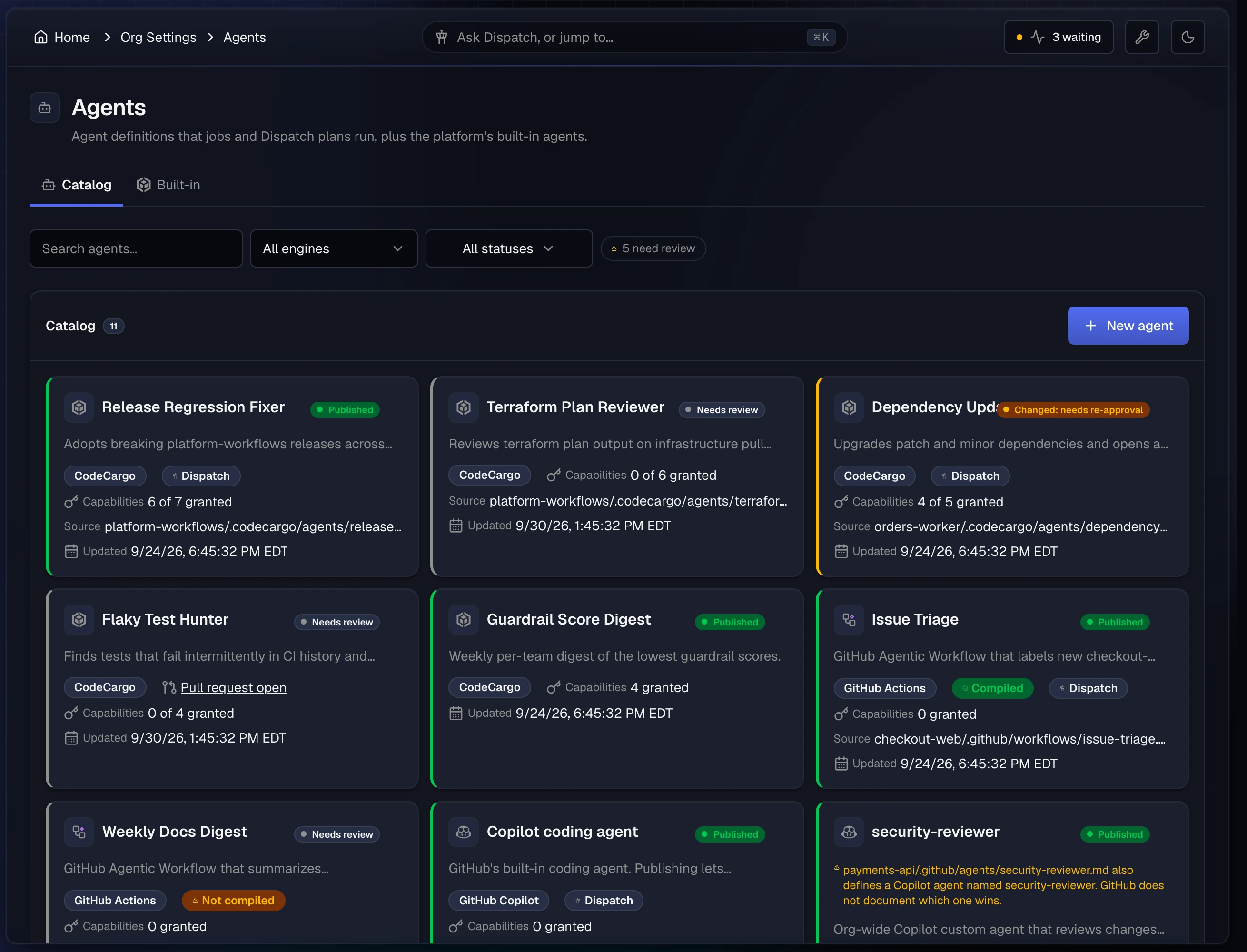 The Catalog tab of Organization Settings → Agents: search, engine and status filters, a 5 need review chip, and agent cards showing engine badges, status, Capabilities granted counts, a Dispatch chip, a Pull request open link, and Compiled or Not compiled badges on GitHub Actions agents.