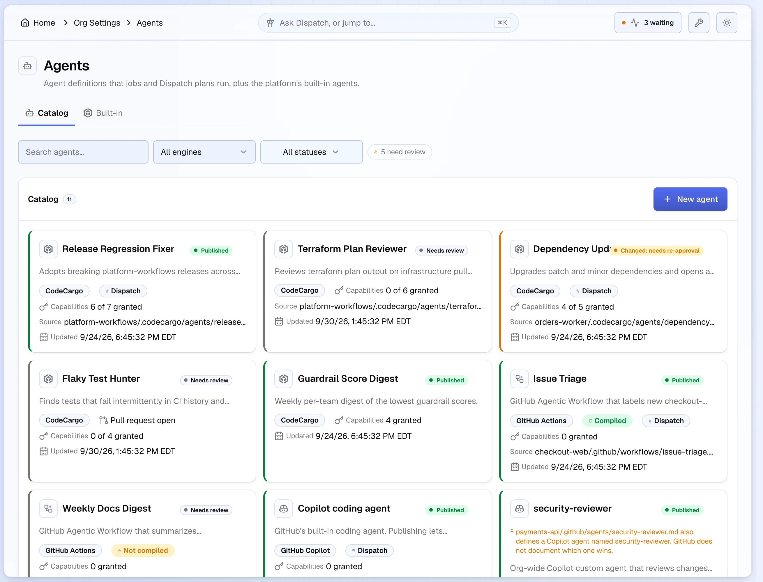 The Catalog tab of Organization Settings → Agents: search, engine and status filters, a 5 need review chip, and agent cards showing engine badges, status, Capabilities granted counts, a Dispatch chip, a Pull request open link, and Compiled or Not compiled badges on GitHub Actions agents.