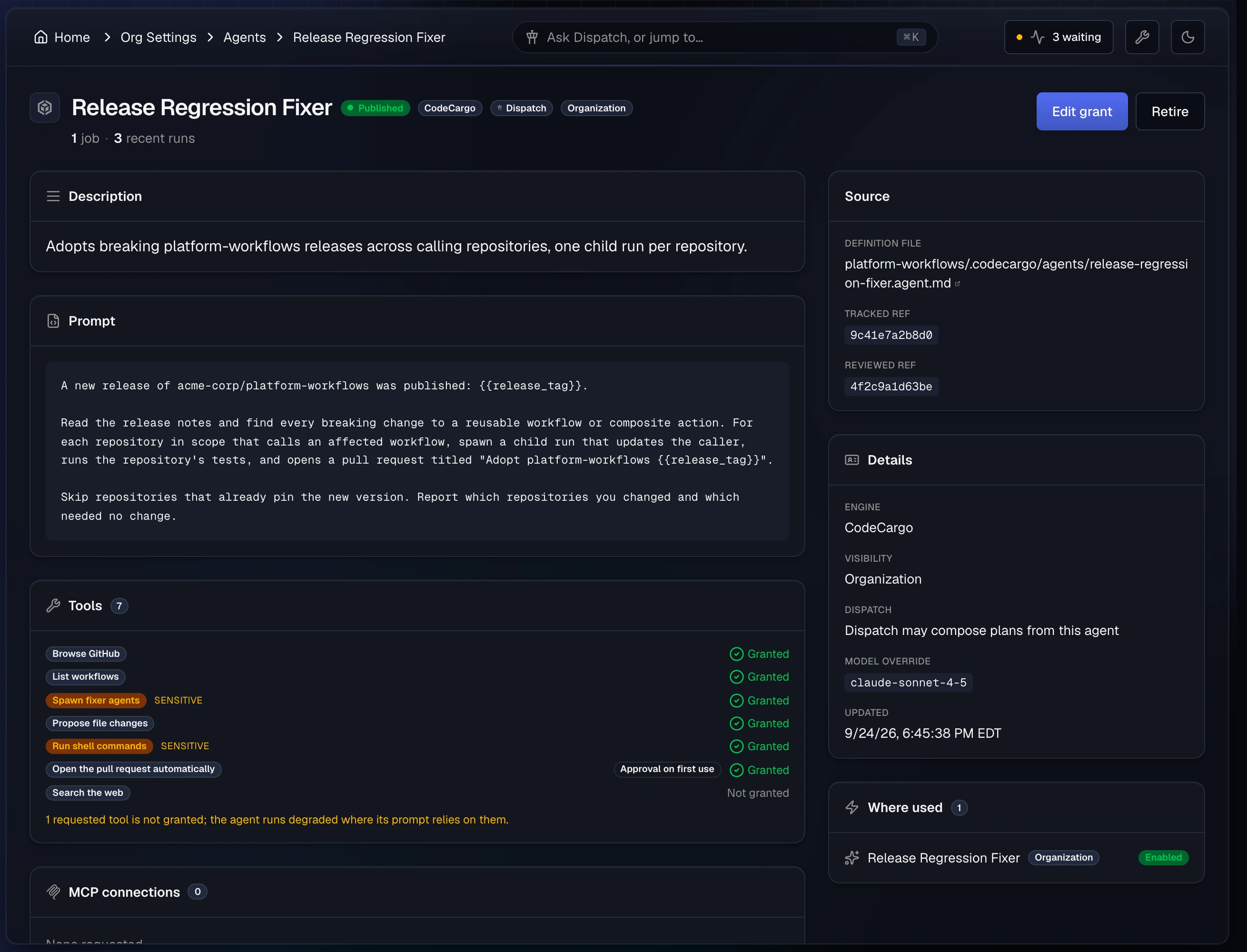 The Release Regression Fixer agent page: its prompt, seven requested tools with six granted (Open the pull request automatically needs approval on first use, Search the web is not granted), the source file and reviewed revision, and Where used listing one job.