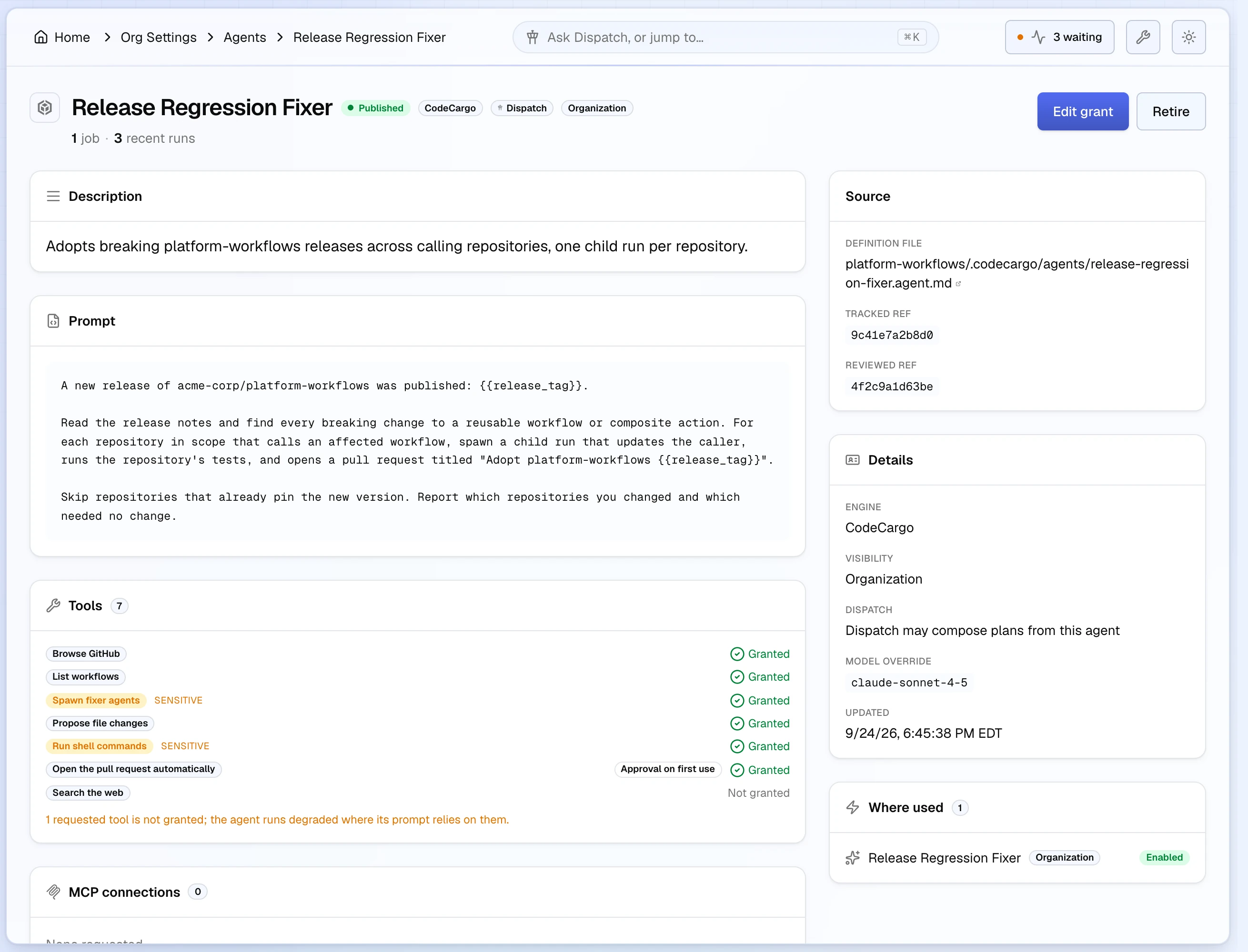 The Release Regression Fixer agent page: its prompt, seven requested tools with six granted (Open the pull request automatically needs approval on first use, Search the web is not granted), the source file and reviewed revision, and Where used listing one job.