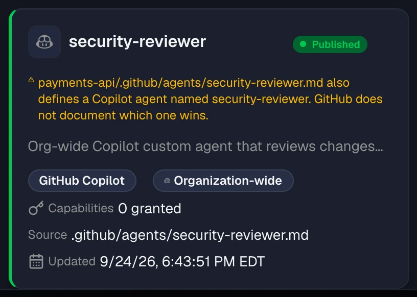 A catalog card for the security-reviewer Copilot agent with an Organization-wide badge and a warning that payments-api also defines a Copilot agent with the same name.