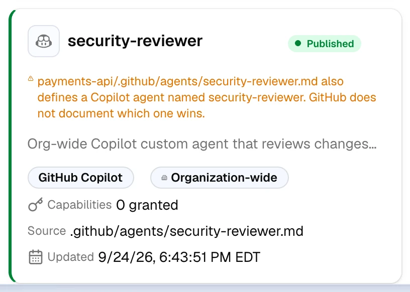 A catalog card for the security-reviewer Copilot agent with an Organization-wide badge and a warning that payments-api also defines a Copilot agent with the same name.