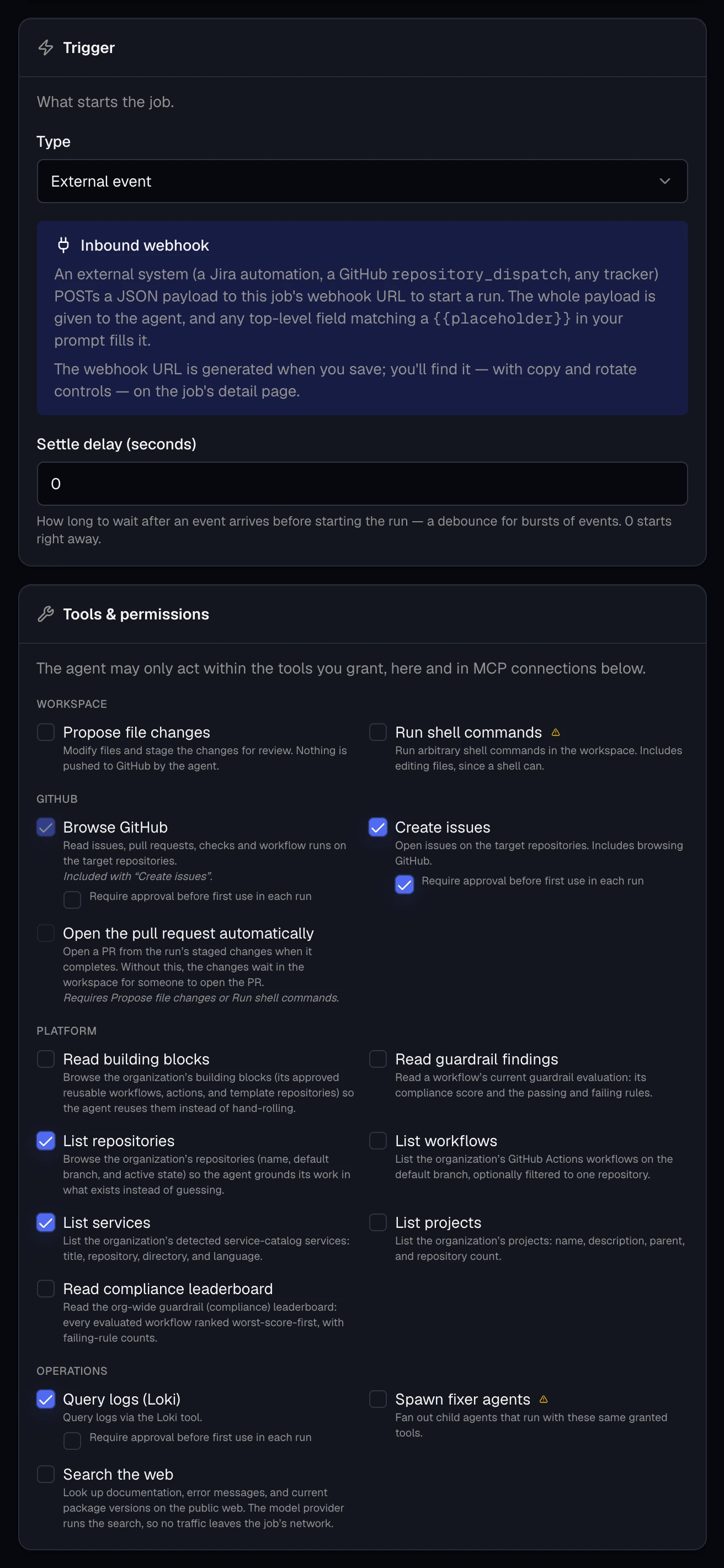 The Trigger and Tools & permissions sections of the job form. The trigger is External event. Browse GitHub, Create issues, List repositories, List services, and Query logs are granted, and Create issues requires approval before first use in each run.