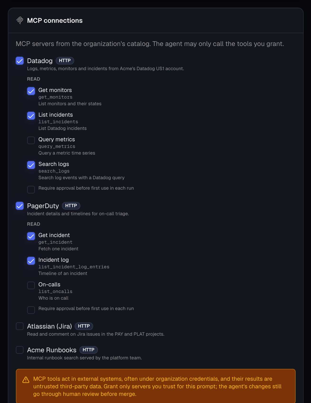 The MCP connections section of the job form, with Datadog and PagerDuty granted and a subset of each server's read tools ticked.
