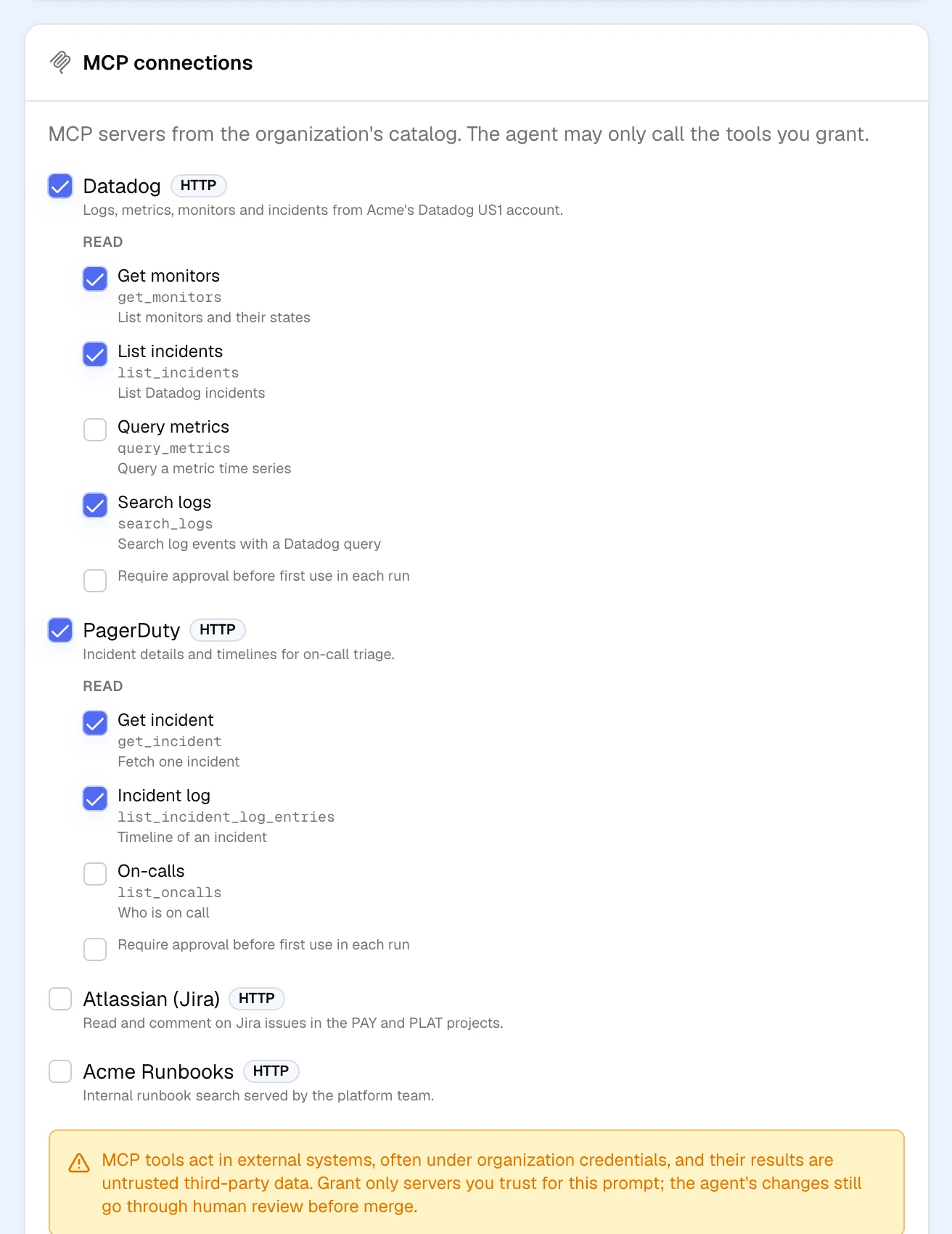 The MCP connections section of the job form, with Datadog and PagerDuty granted and a subset of each server's read tools ticked.