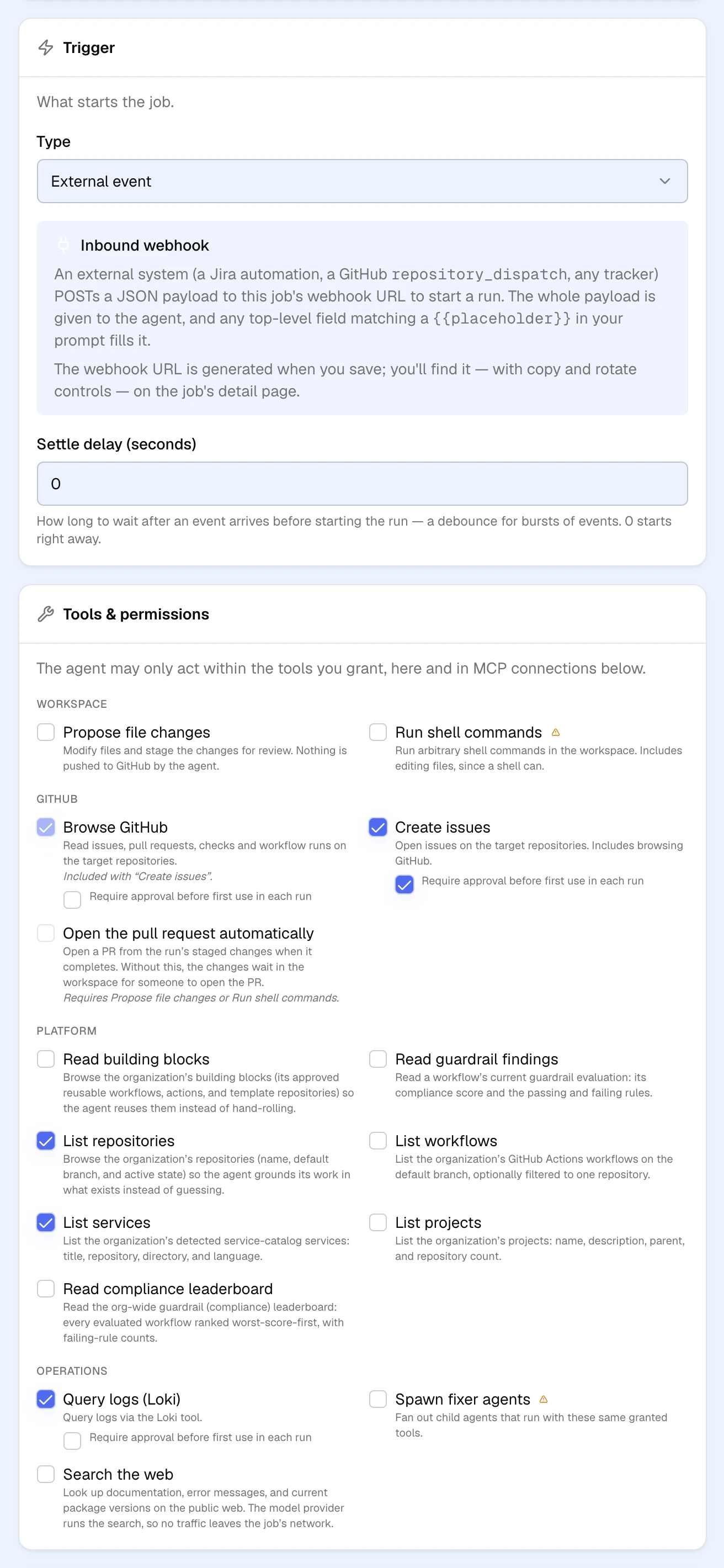 The Trigger and Tools & permissions sections of the job form. The trigger is External event. Browse GitHub, Create issues, List repositories, List services, and Query logs are granted, and Create issues requires approval before first use in each run.