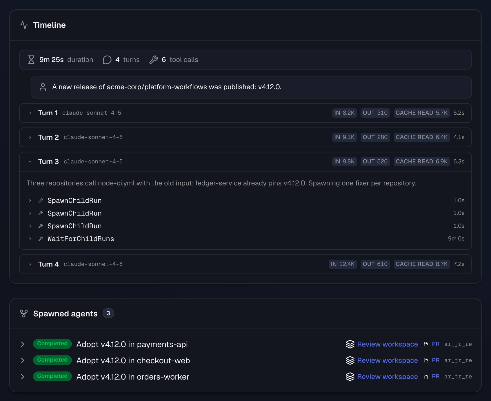 A Release Regression Fixer run in the agent run viewer. The timeline shows four turns with token counts; turn 3 is expanded to three SpawnChildRun calls and a WaitForChildRuns call. Below, Spawned agents lists three completed child runs, one per repository, each with a pull request.