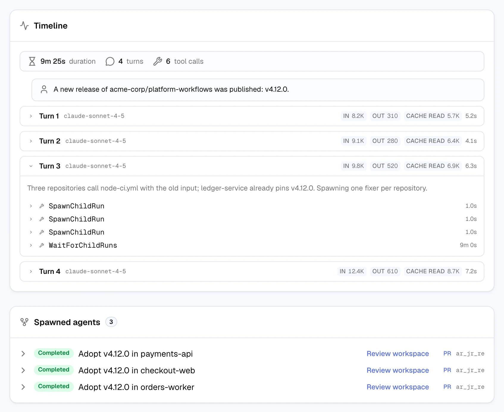 A Release Regression Fixer run in the agent run viewer. The timeline shows four turns with token counts; turn 3 is expanded to three SpawnChildRun calls and a WaitForChildRuns call. Below, Spawned agents lists three completed child runs, one per repository, each with a pull request.