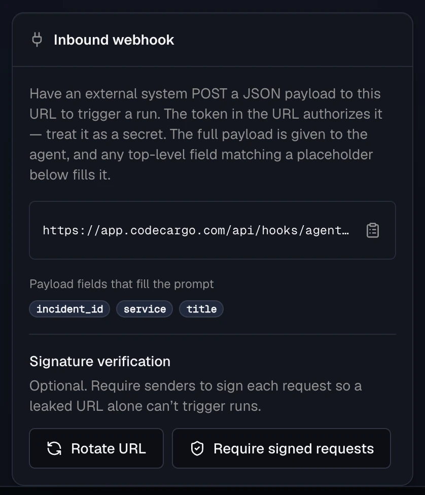 The Inbound webhook card on a job's detail page: the webhook URL with a copy button, the payload fields that fill the prompt (incident_id, service, title), and Rotate URL and Require signed requests buttons.