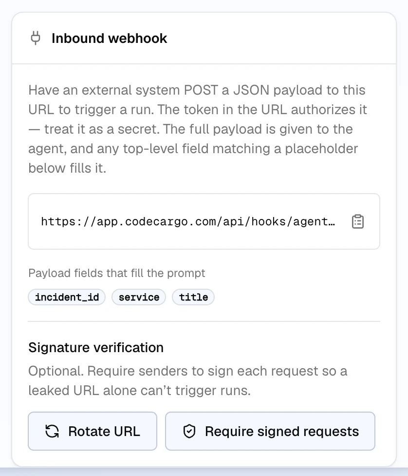 The Inbound webhook card on a job's detail page: the webhook URL with a copy button, the payload fields that fill the prompt (incident_id, service, title), and Rotate URL and Require signed requests buttons.