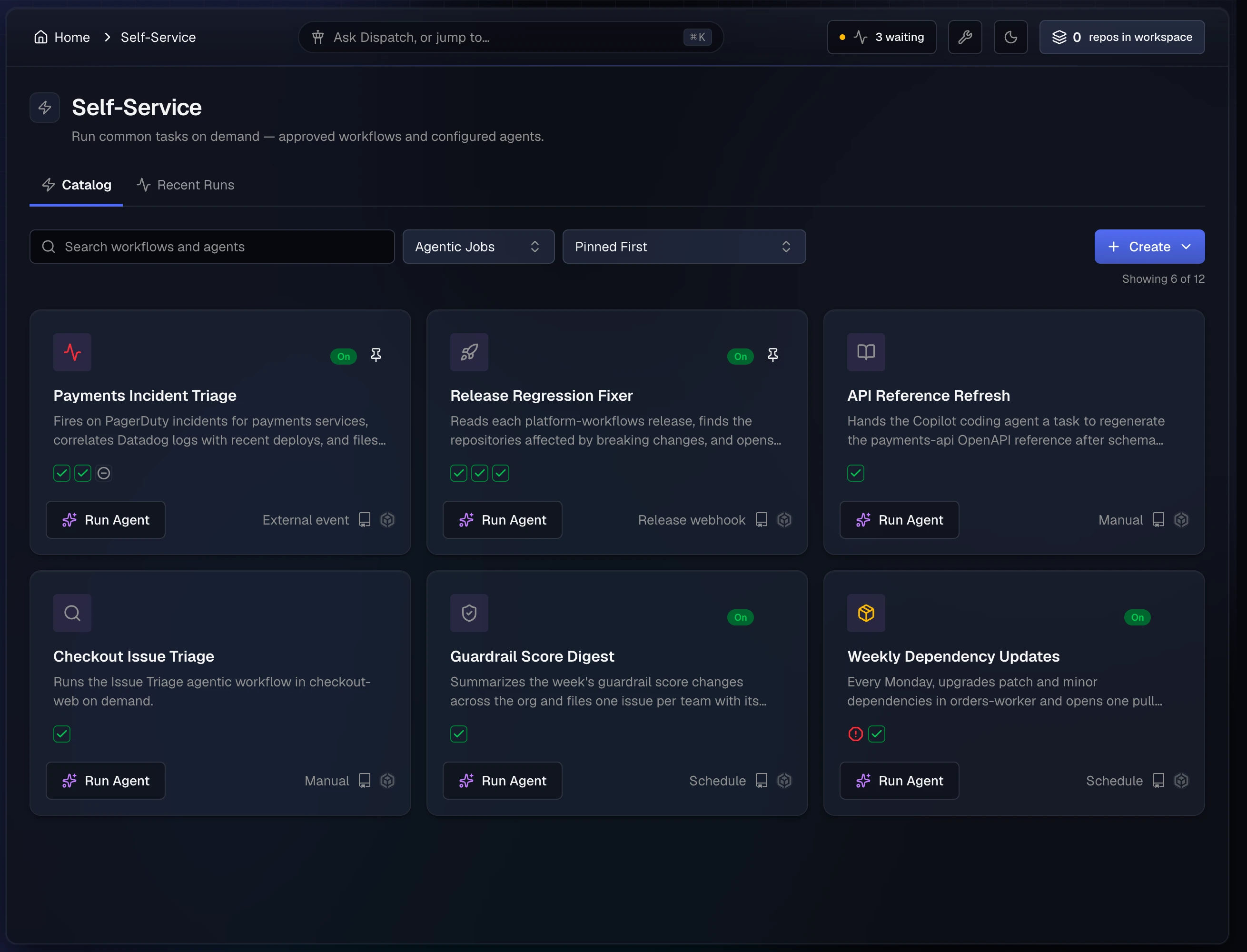 The Self-Service catalog filtered to Agentic Jobs, showing six job cards with their trigger (external event, release webhook, manual, schedule), recent run results, and a Run Agent button.