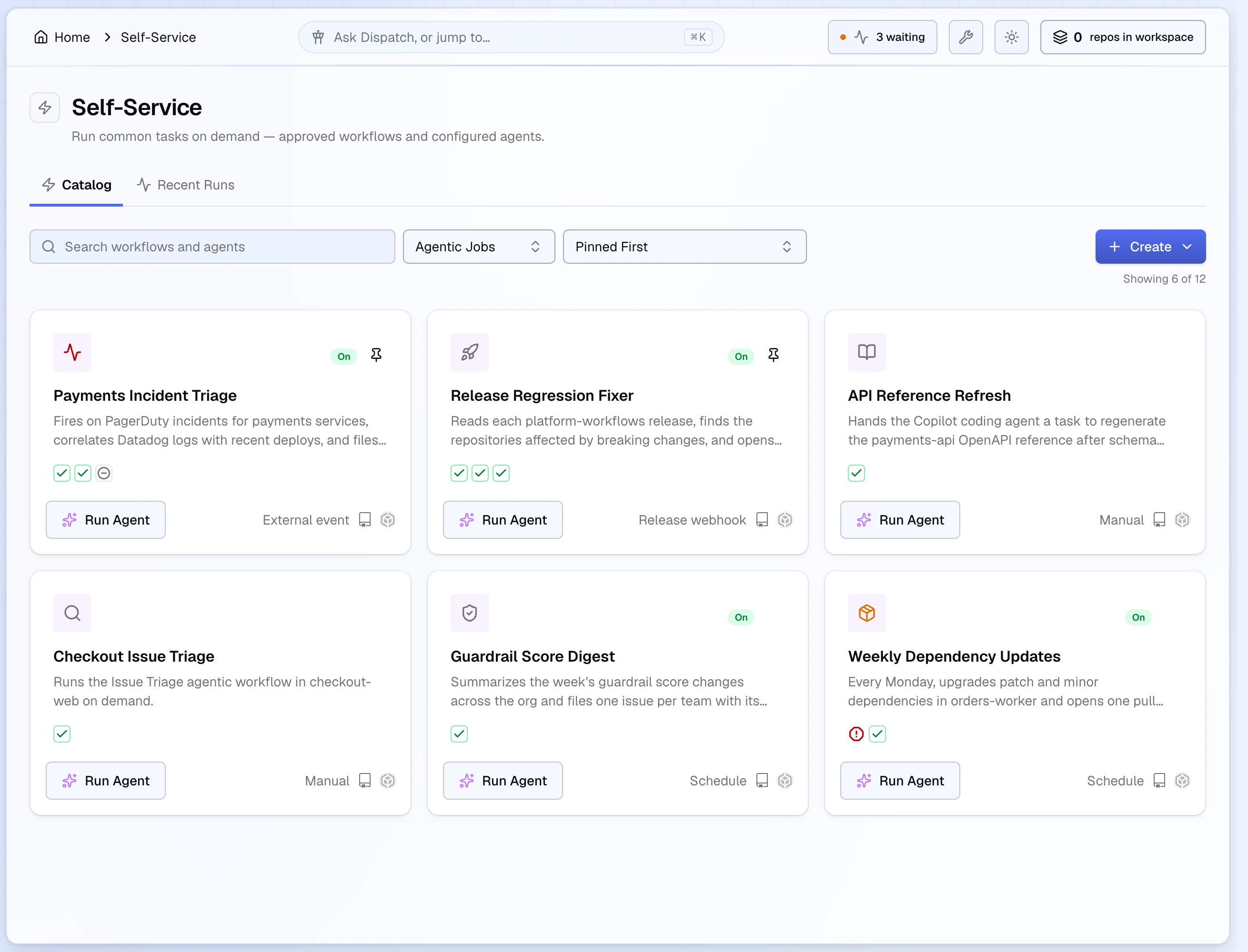 The Self-Service catalog filtered to Agentic Jobs, showing six job cards with their trigger (external event, release webhook, manual, schedule), recent run results, and a Run Agent button.