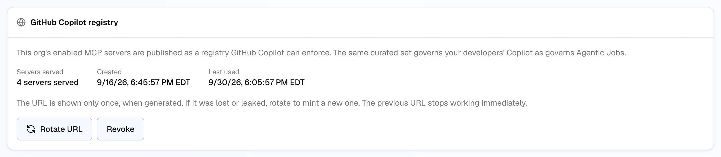 The GitHub Copilot registry card: four servers served, when the registry URL was created and last used, and Rotate URL and Revoke buttons.