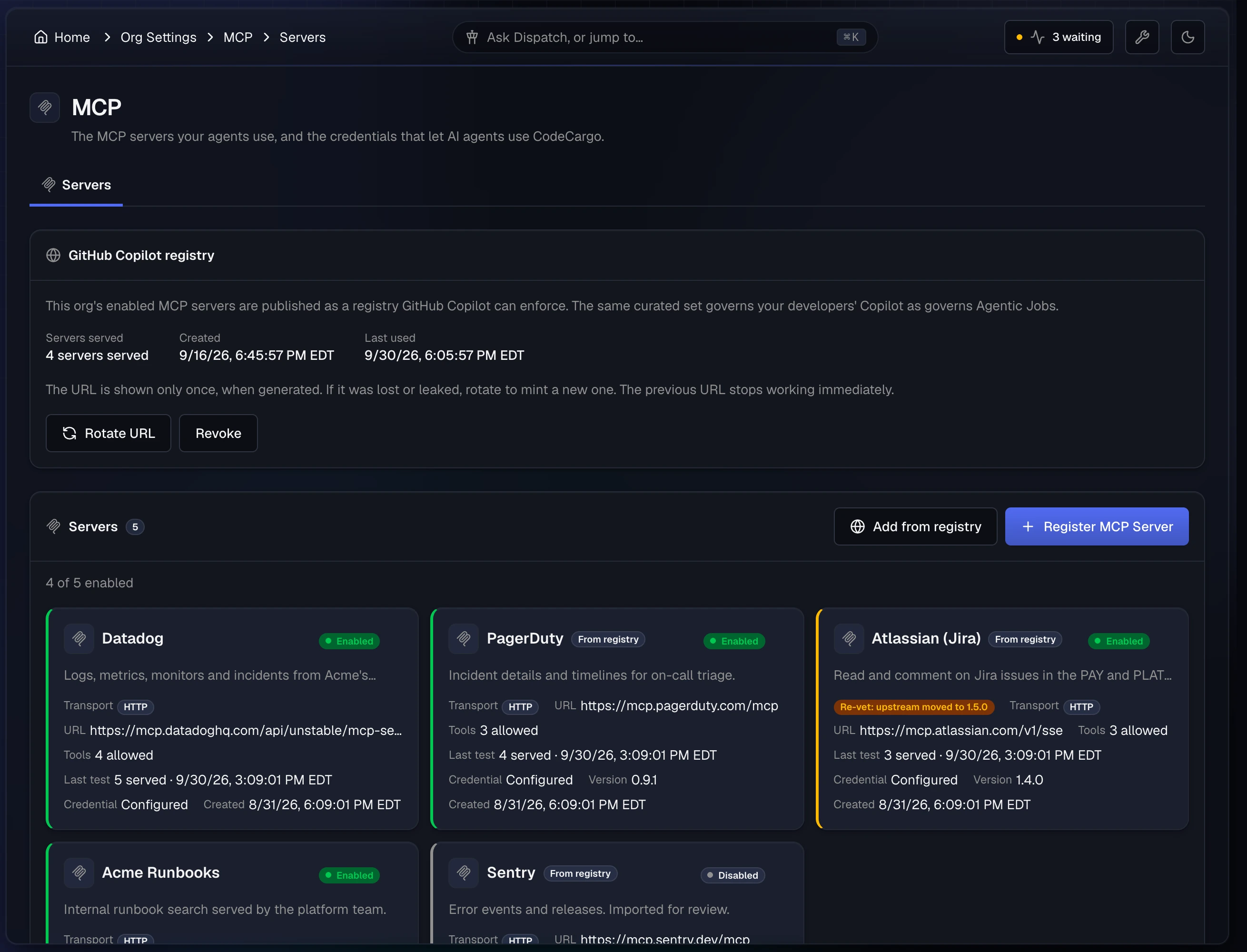 Organization Settings → MCP: the GitHub Copilot registry card above a list of five servers (Datadog, PagerDuty, Atlassian, Acme Runbooks, and a disabled Sentry), each with its transport, URL, allowed tool count, last connection test, and credential state. Atlassian is flagged for re-vetting because its upstream version moved.