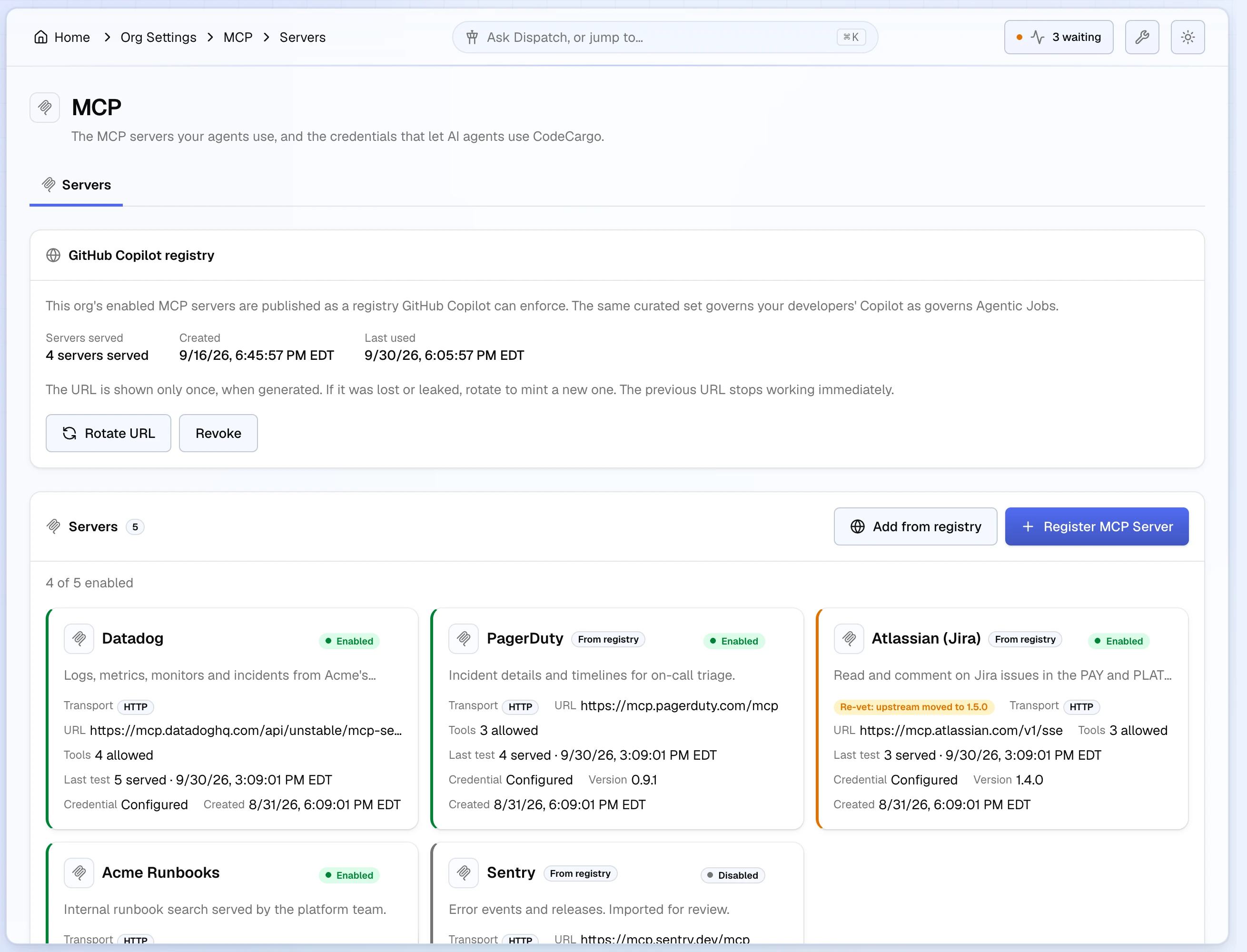 Organization Settings → MCP: the GitHub Copilot registry card above a list of five servers (Datadog, PagerDuty, Atlassian, Acme Runbooks, and a disabled Sentry), each with its transport, URL, allowed tool count, last connection test, and credential state. Atlassian is flagged for re-vetting because its upstream version moved.