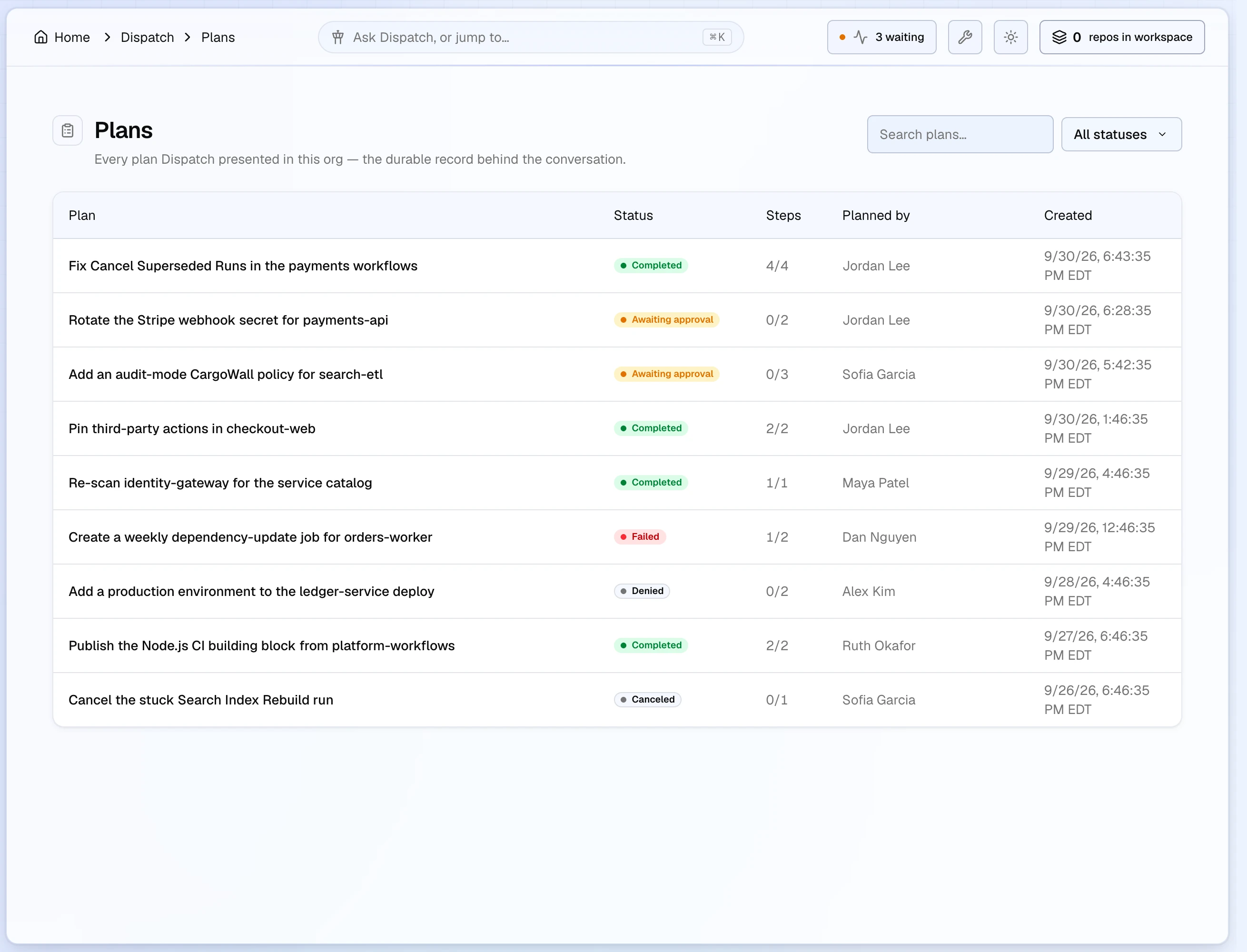 The Plans page listing Dispatch plans with their status (completed, awaiting approval, failed, denied, canceled), step progress, who planned them, and when, with a search box and a status filter.