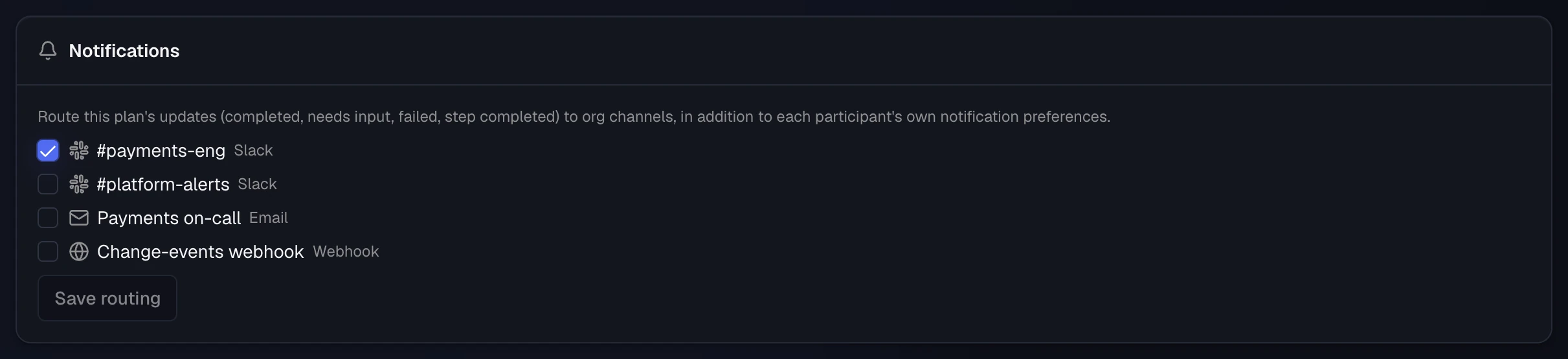 The Notifications card on a plan's page, with the #payments-eng Slack channel selected and #platform-alerts, a payments on-call email, and a change-events webhook available.
