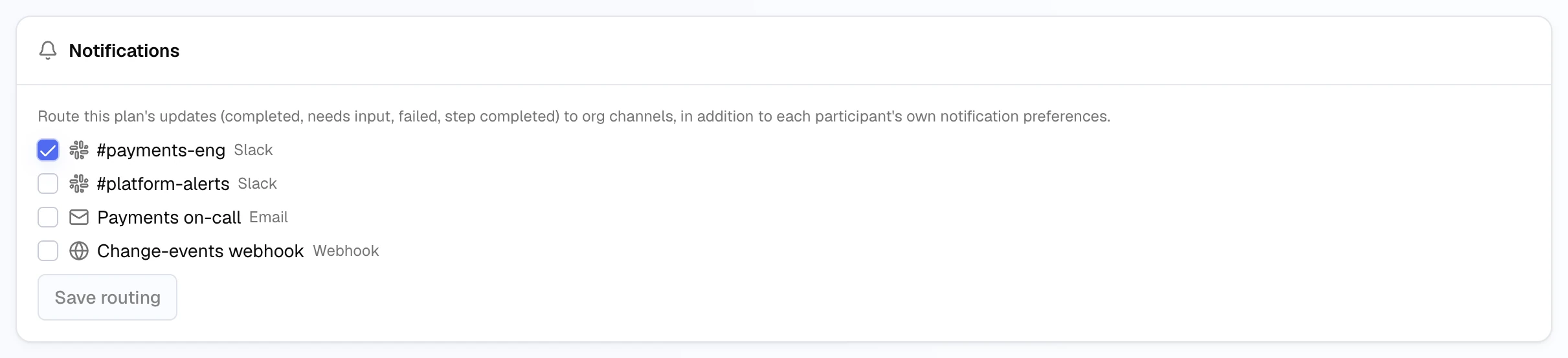 The Notifications card on a plan's page, with the #payments-eng Slack channel selected and #platform-alerts, a payments on-call email, and a change-events webhook available.
