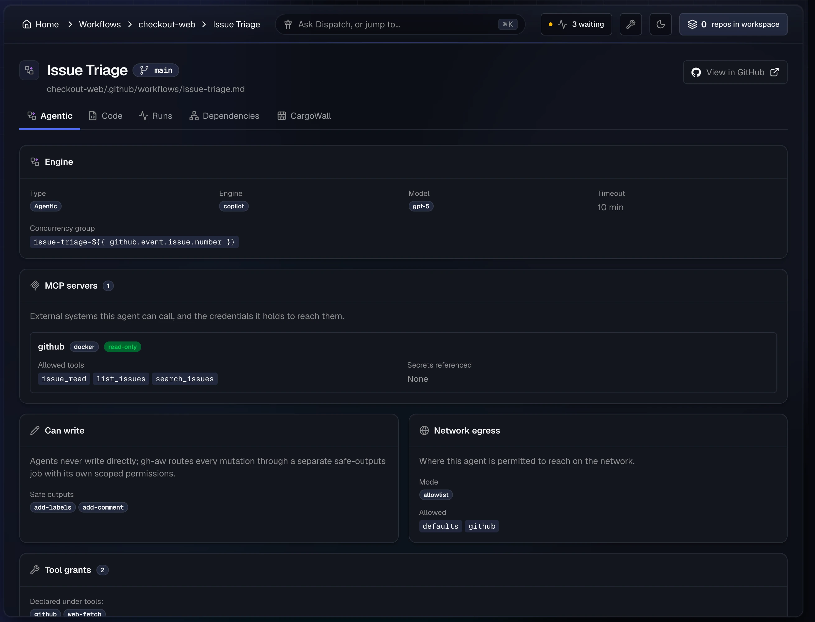 The Agentic tab of the Issue Triage workflow: engine copilot, model gpt-5, a 10-minute timeout, a read-only GitHub MCP server with its allowed tools, add-labels and add-comment safe outputs, and an allowlist network egress mode.