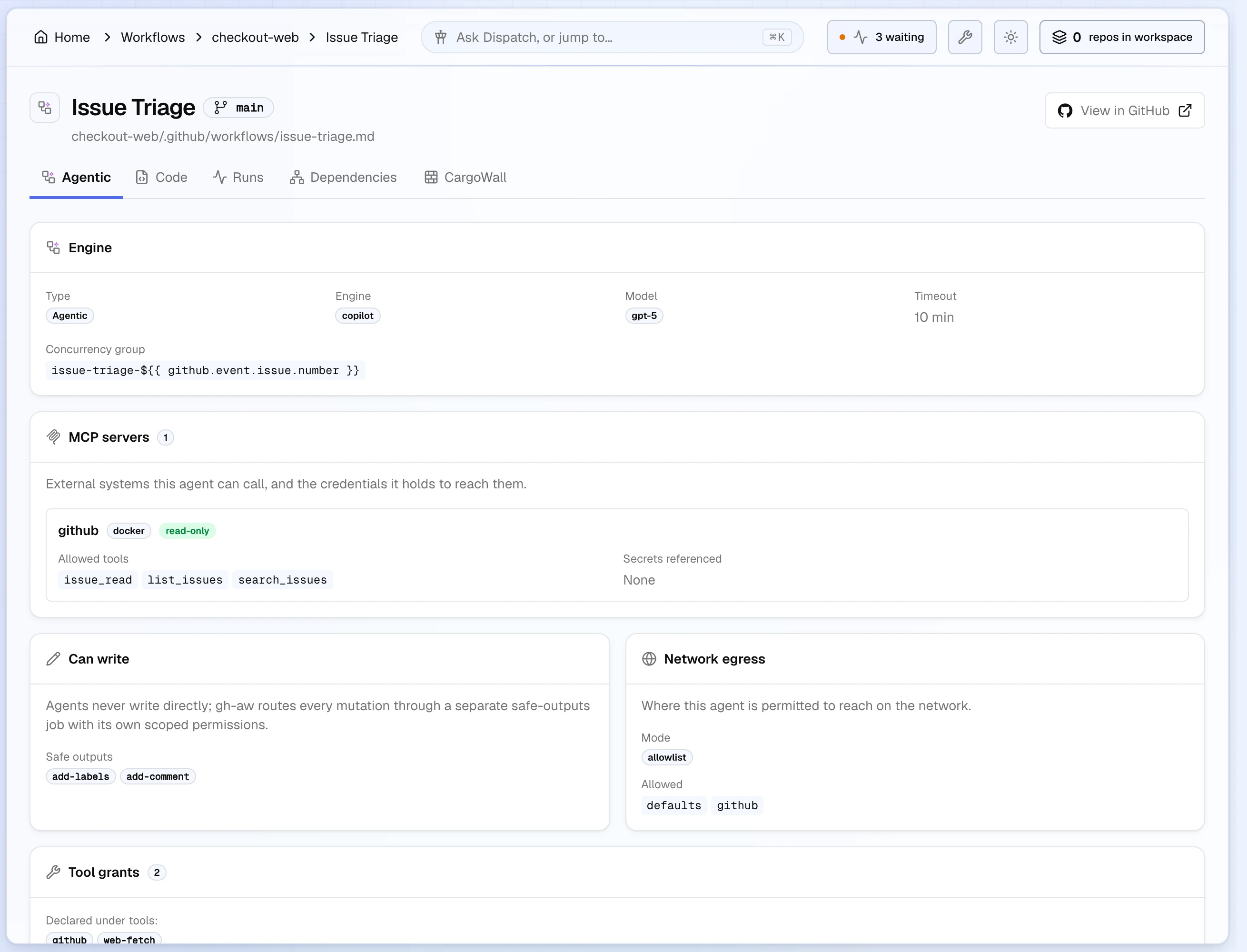 The Agentic tab of the Issue Triage workflow: engine copilot, model gpt-5, a 10-minute timeout, a read-only GitHub MCP server with its allowed tools, add-labels and add-comment safe outputs, and an allowlist network egress mode.