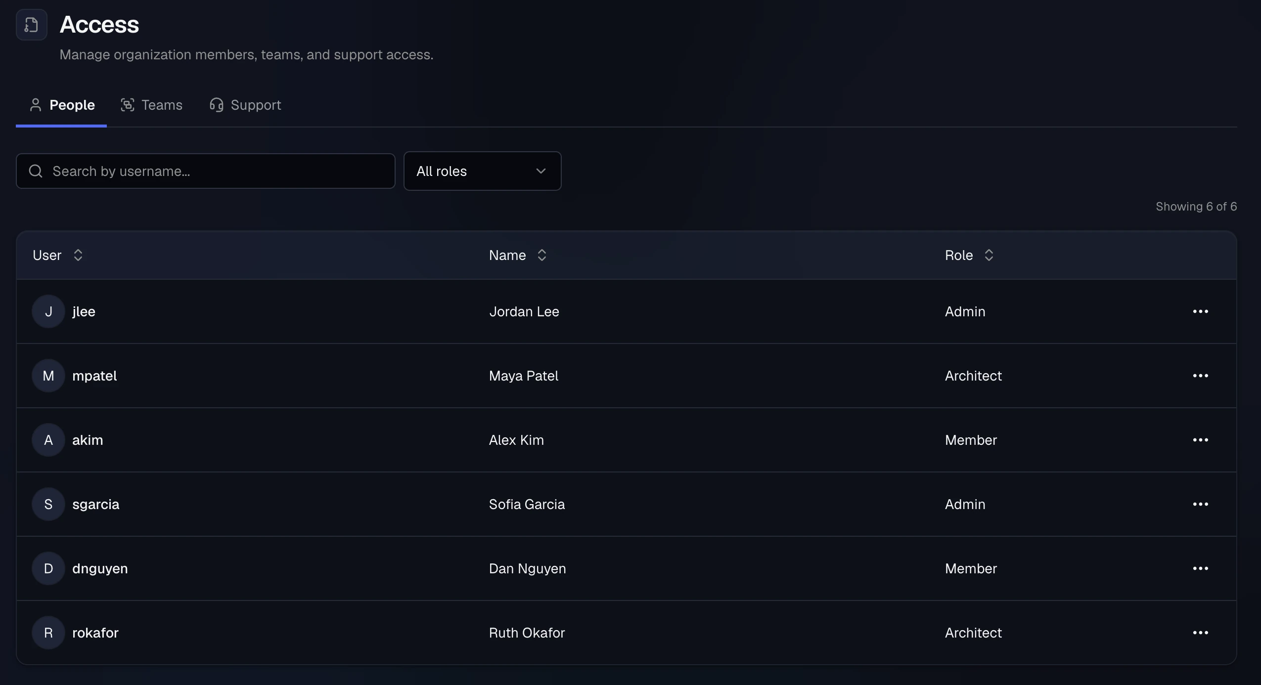 The People tab of Organization Settings, Access, listing members with their username, name, and organization role (Admin, Architect, or Member)