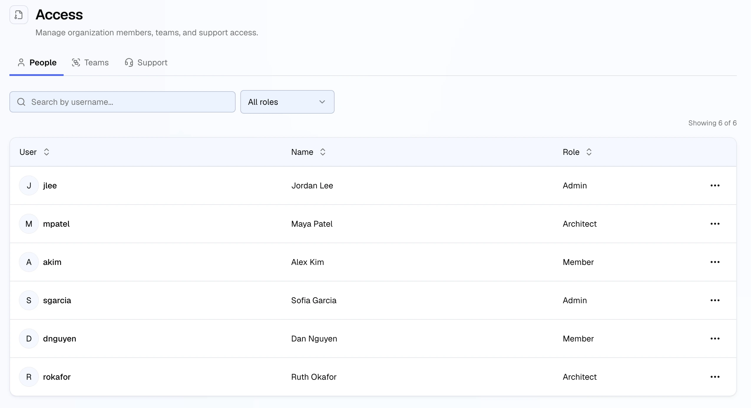 The People tab of Organization Settings, Access, listing members with their username, name, and organization role (Admin, Architect, or Member)