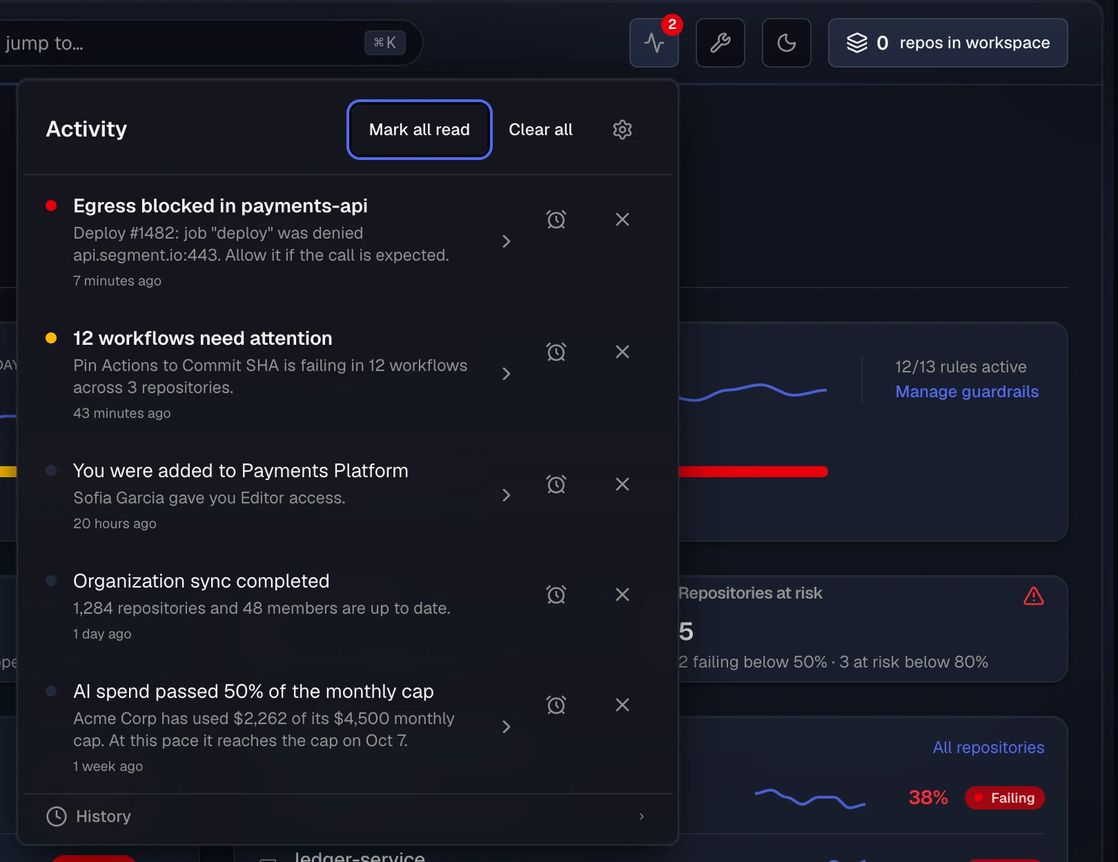 The Activity panel open from the top navigation bar, listing notifications such as blocked egress in payments-api and workflows that need attention, with Mark all read and Clear all