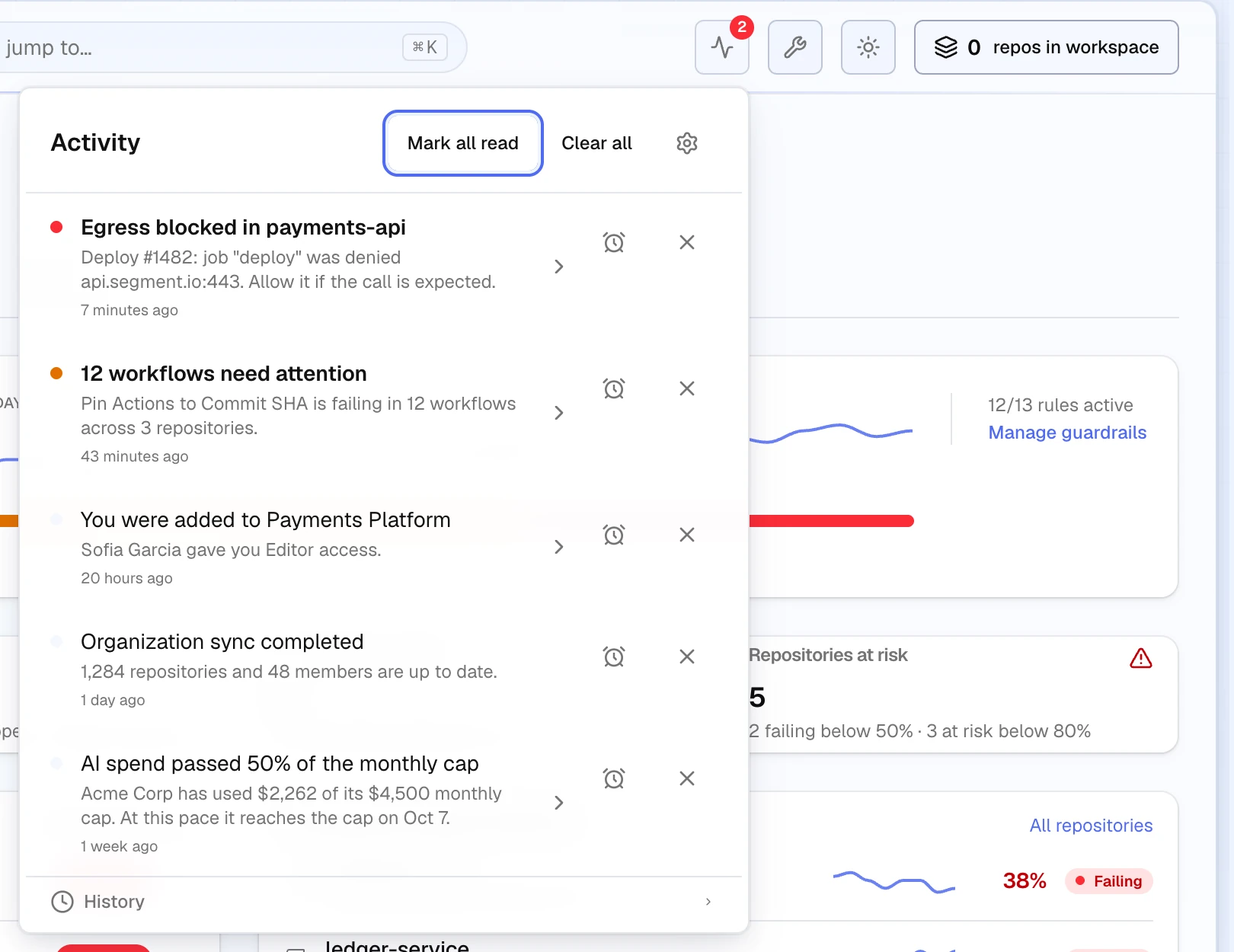 The Activity panel open from the top navigation bar, listing notifications such as blocked egress in payments-api and workflows that need attention, with Mark all read and Clear all