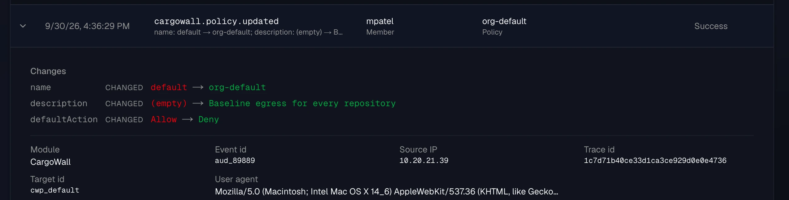 An expanded cargowall.policy.updated row: the changes to name, description, and defaultAction as old and new values, then the module, event ID, source IP, trace ID, target ID, and user agent