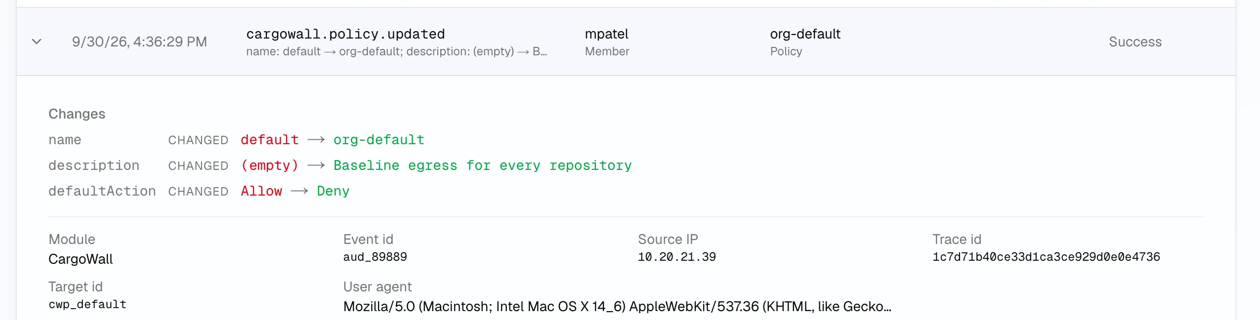 An expanded cargowall.policy.updated row: the changes to name, description, and defaultAction as old and new values, then the module, event ID, source IP, trace ID, target ID, and user agent