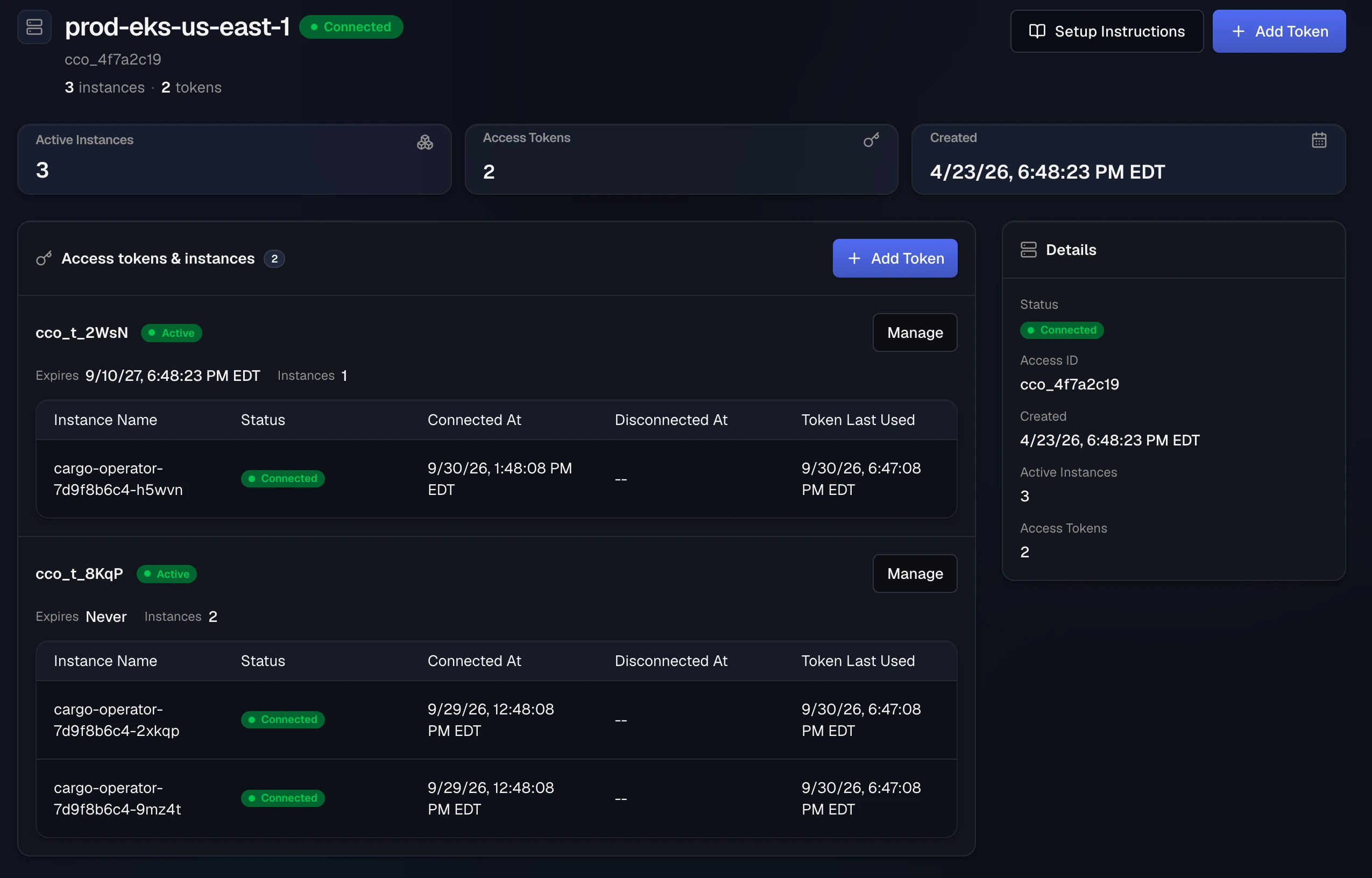 A connected operator with two access tokens; each token lists its connected instances with connection time and when the token was last used