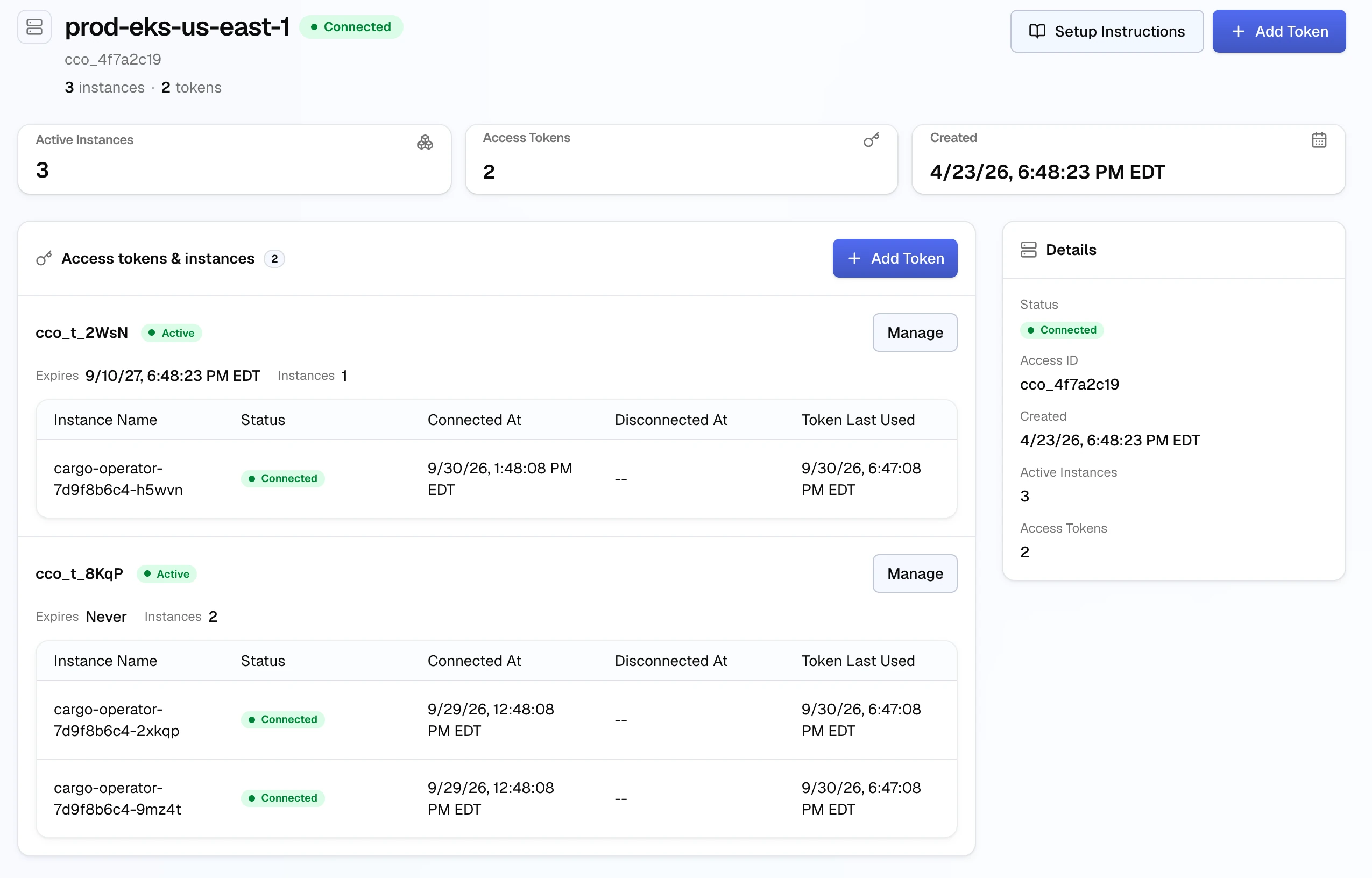 A connected operator with two access tokens; each token lists its connected instances with connection time and when the token was last used