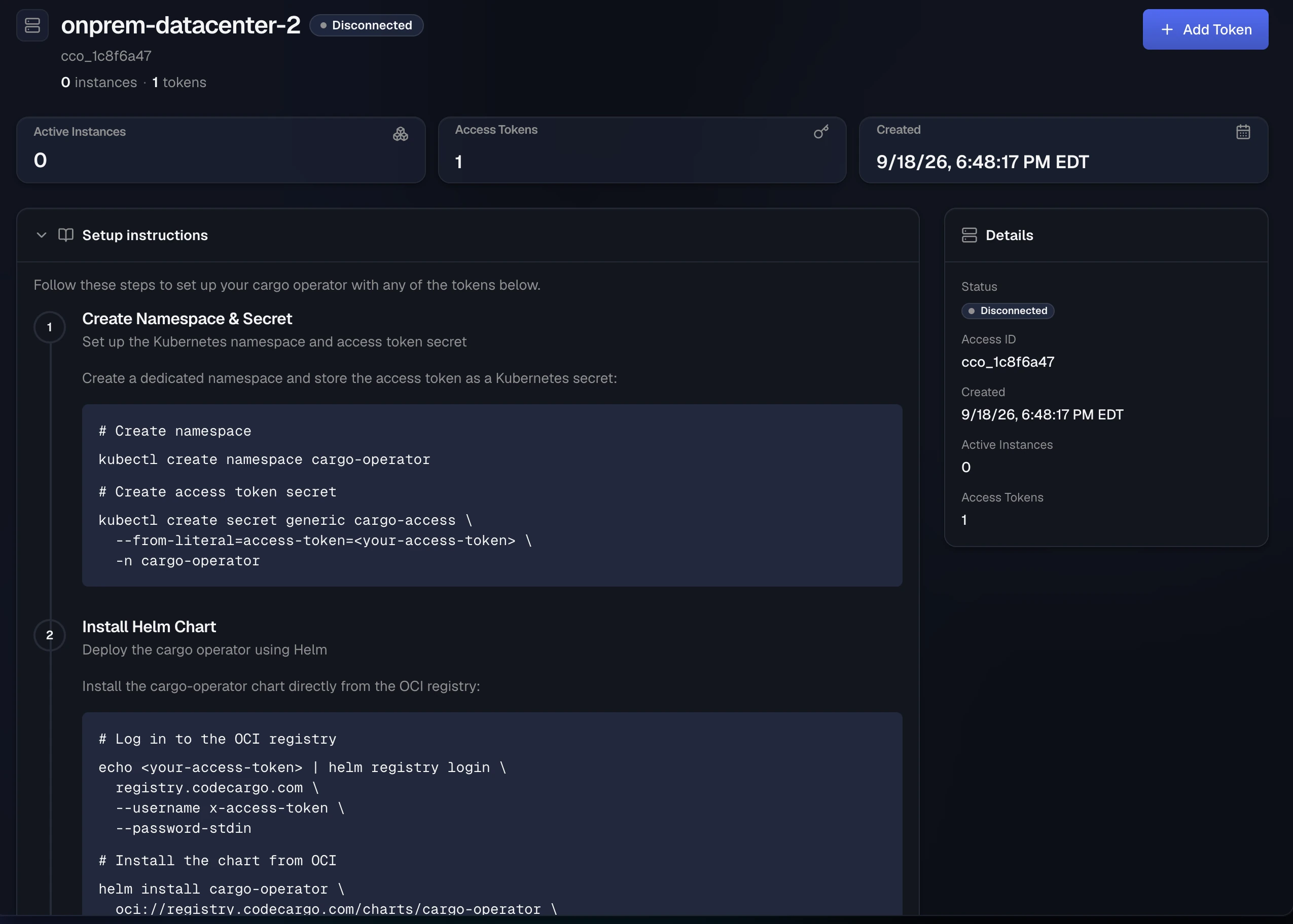 A disconnected operator detail page showing the setup instructions: create the namespace and secret, then install the Helm chart from the OCI registry