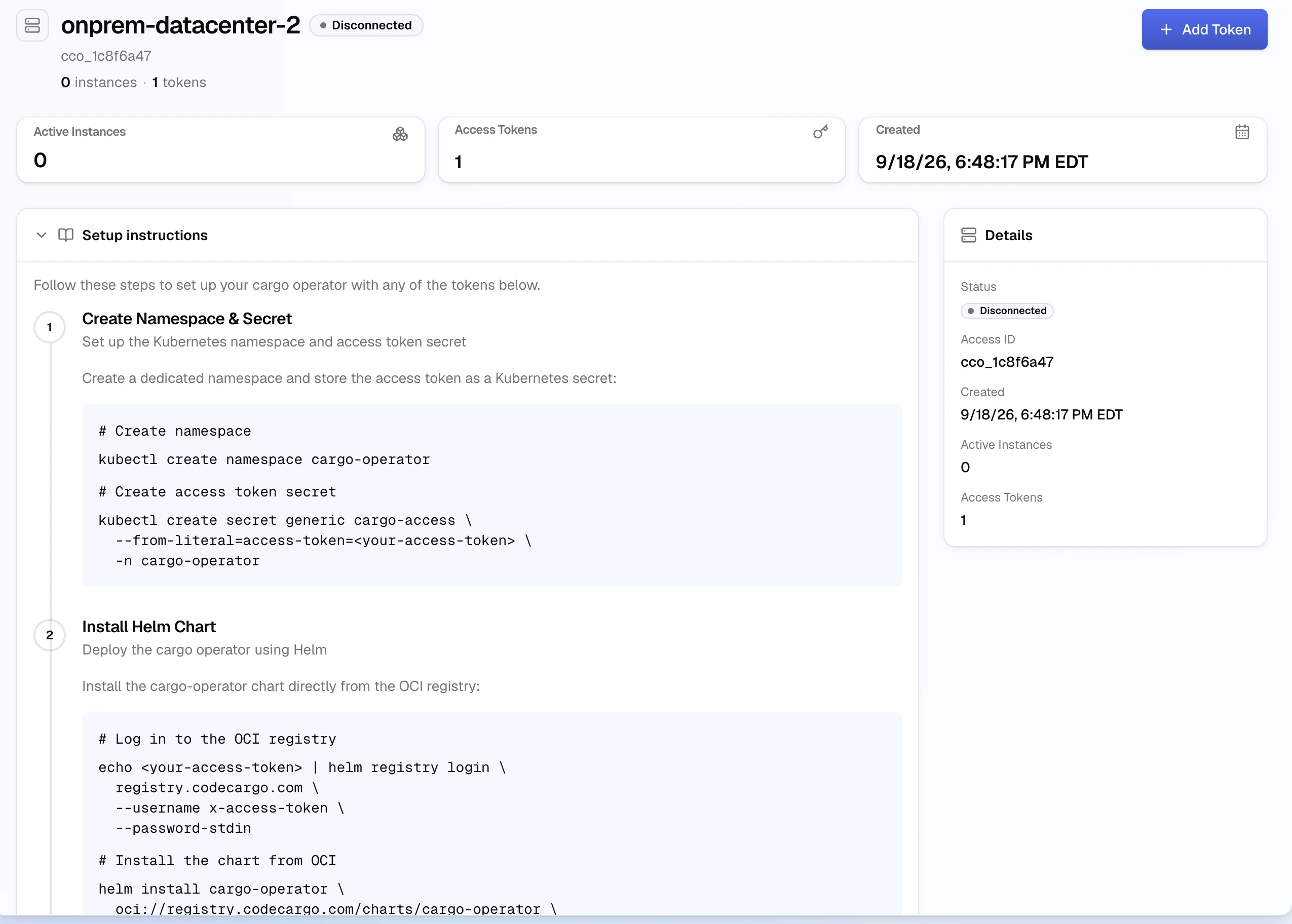 A disconnected operator detail page showing the setup instructions: create the namespace and secret, then install the Helm chart from the OCI registry