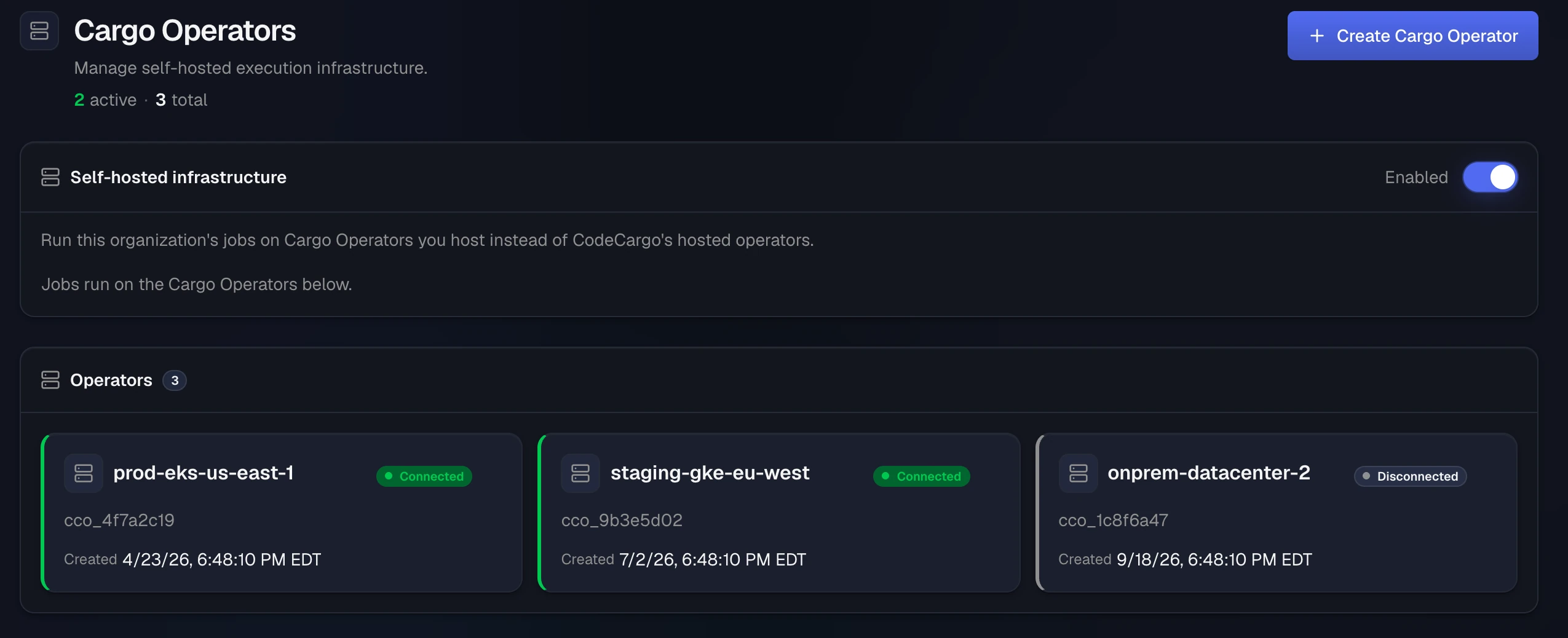 The Cargo Operators page with self-hosted infrastructure enabled and three operators: two Connected and one Disconnected, each with its access ID and creation date