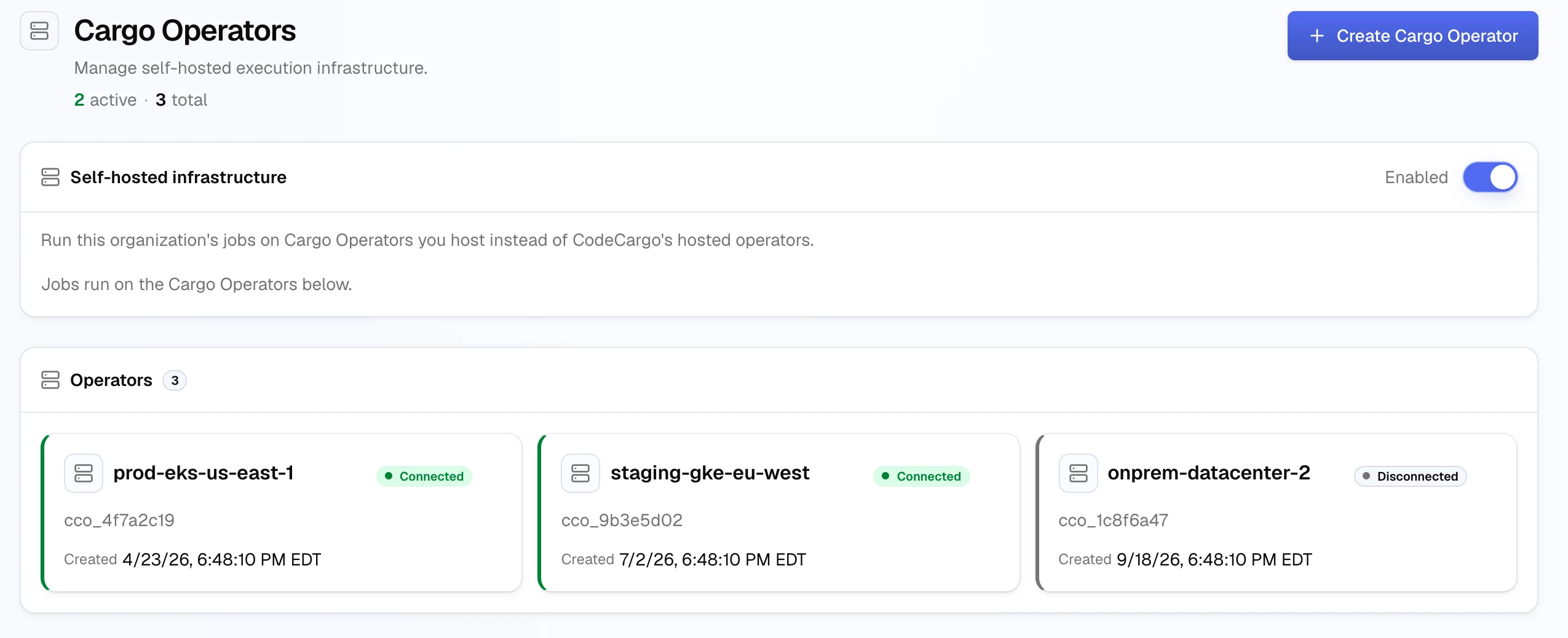 The Cargo Operators page with self-hosted infrastructure enabled and three operators: two Connected and one Disconnected, each with its access ID and creation date