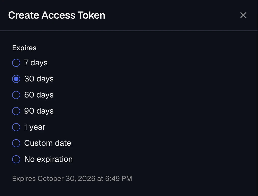 The Create Access Token panel with expiration options from 7 days to No expiration, 30 days selected
