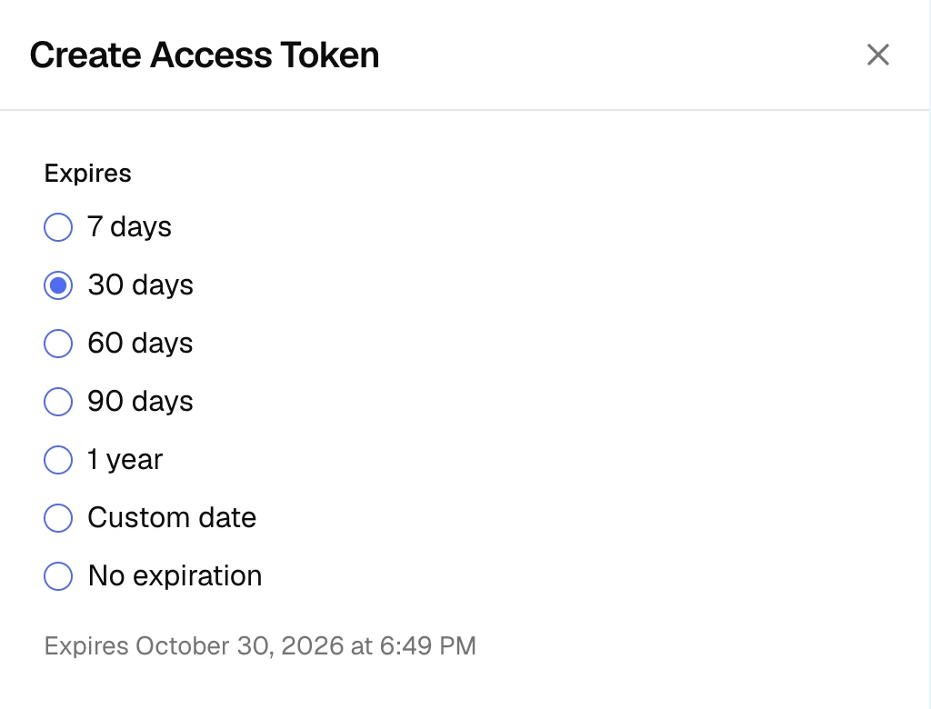 The Create Access Token panel with expiration options from 7 days to No expiration, 30 days selected