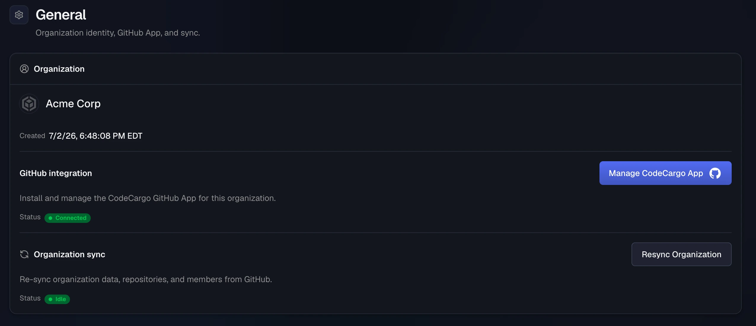 The General settings page: the organization, its GitHub App connection with Manage CodeCargo App, and Resync Organization
