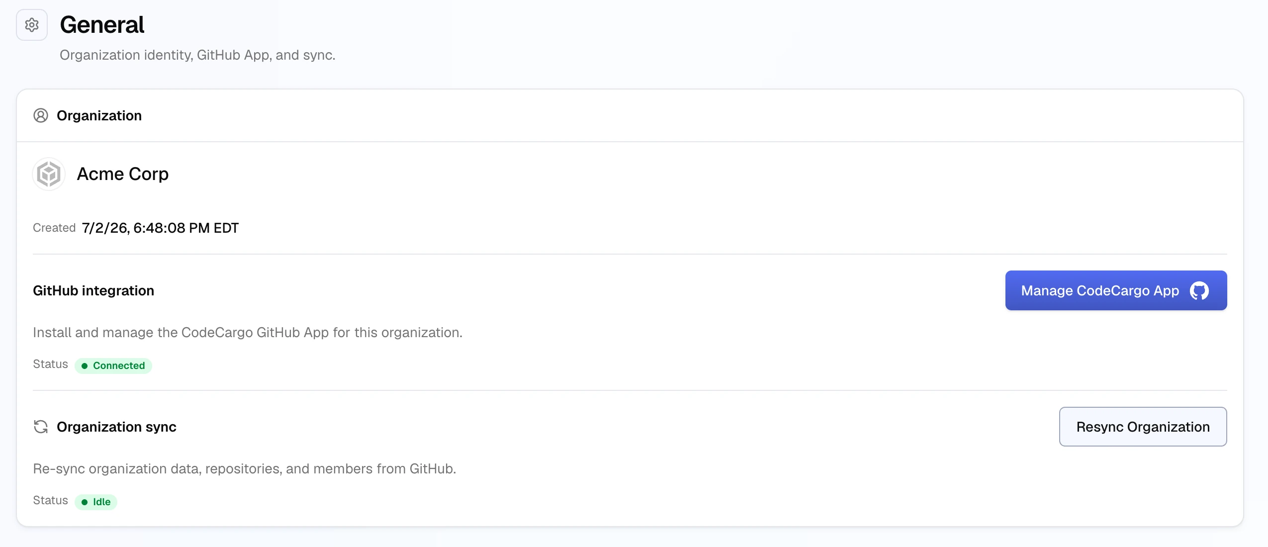 The General settings page: the organization, its GitHub App connection with Manage CodeCargo App, and Resync Organization