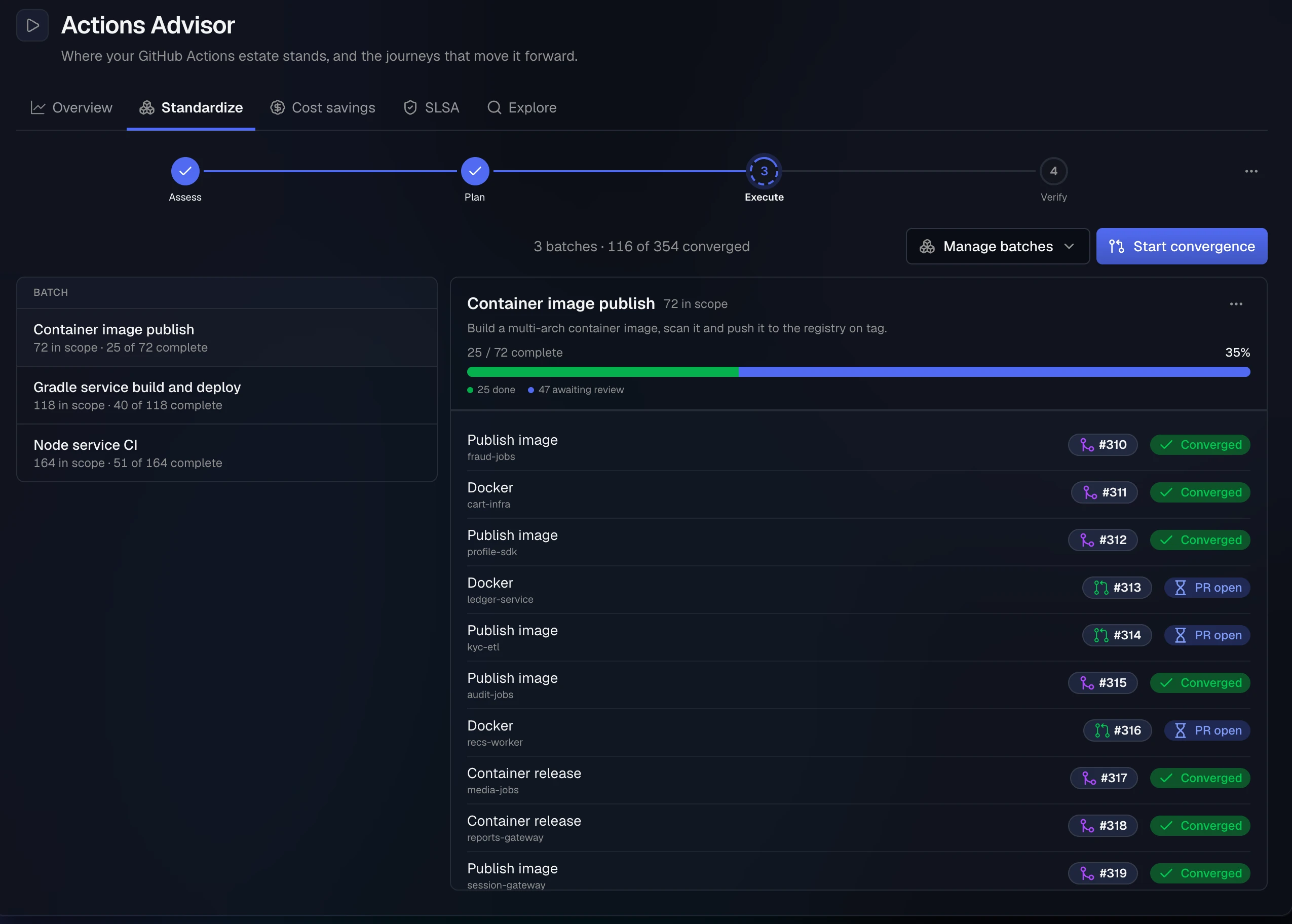 The Standardize Execute step: three batches with their progress, and the Container image publish batch listing members with pull request numbers marked Converged or PR open