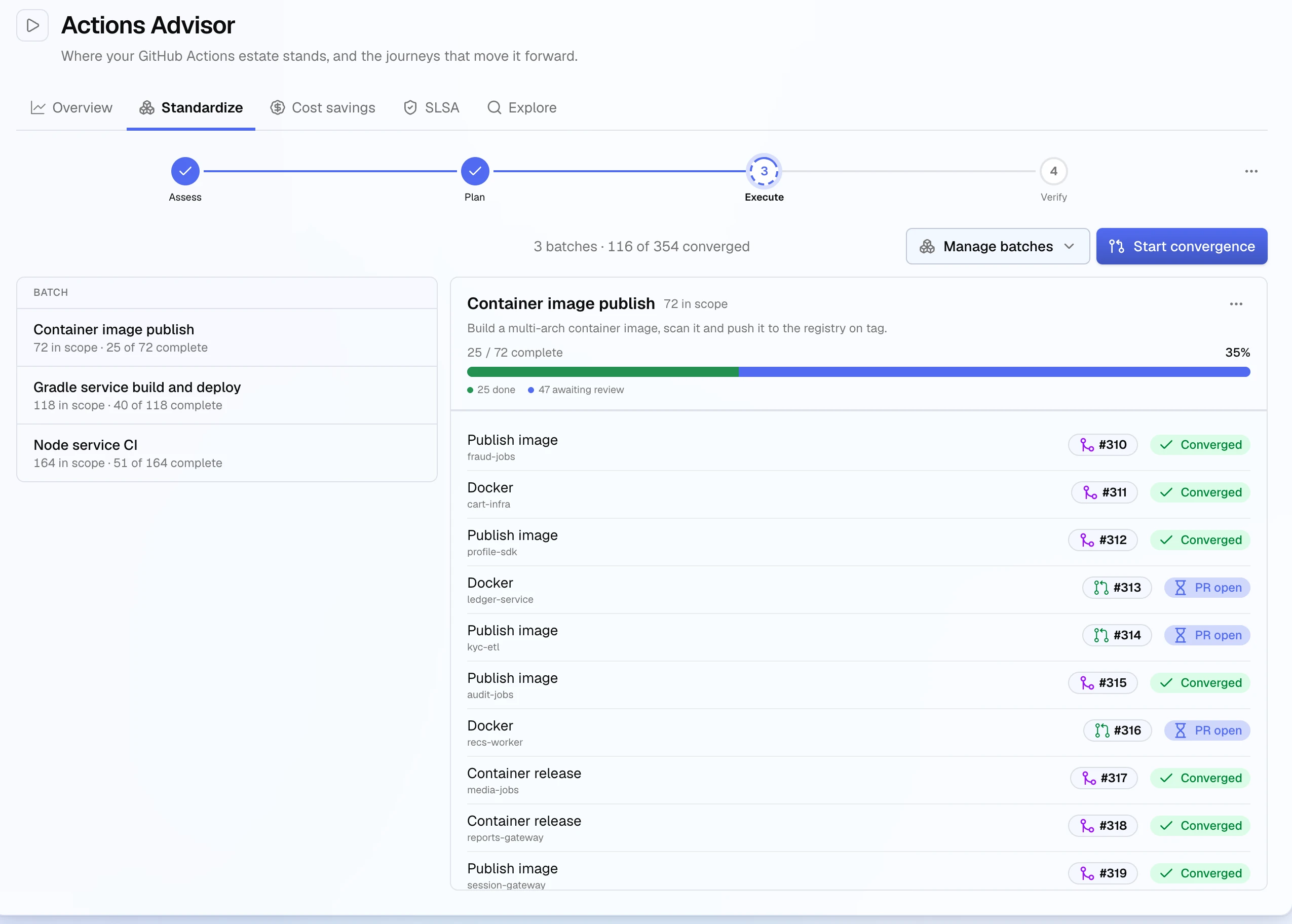 The Standardize Execute step: three batches with their progress, and the Container image publish batch listing members with pull request numbers marked Converged or PR open