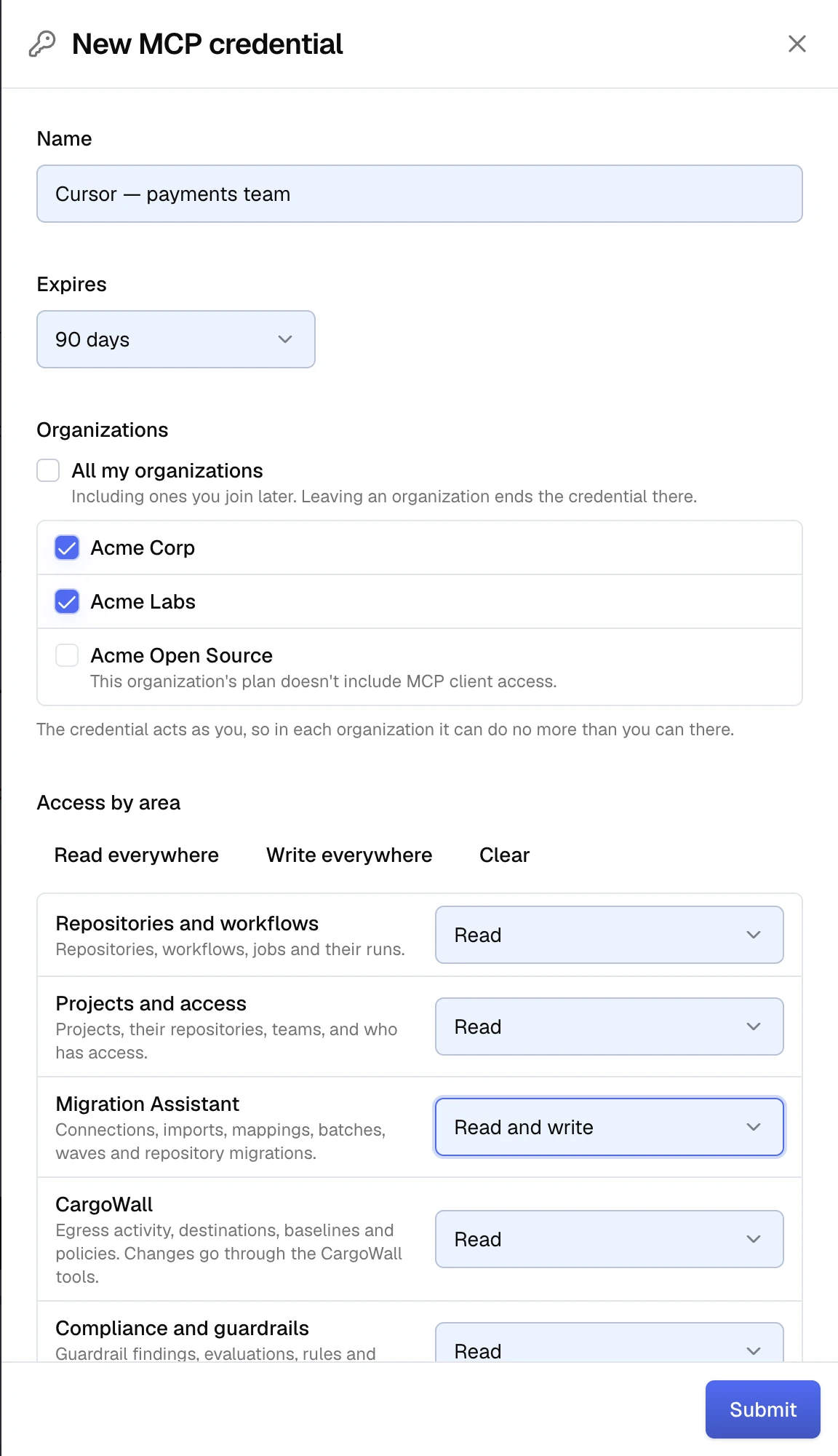 The New MCP credential slideout: Name Cursor — payments team, Expires 90 days, Organizations with Acme Corp and Acme Labs ticked and Acme Open Source disabled because its plan doesn't include MCP client access, and Access by area, with Read everywhere, Write everywhere and Clear above a grid where Migration Assistant is set to Read and write and the other areas to Read