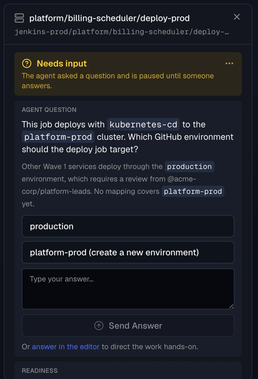 The detail panel of a batch item marked Needs input: the agent asks which GitHub environment the deploy job should target, with context about the production environment, two suggested answers, a free-text answer box, Send Answer, and a link to answer in the editor instead.