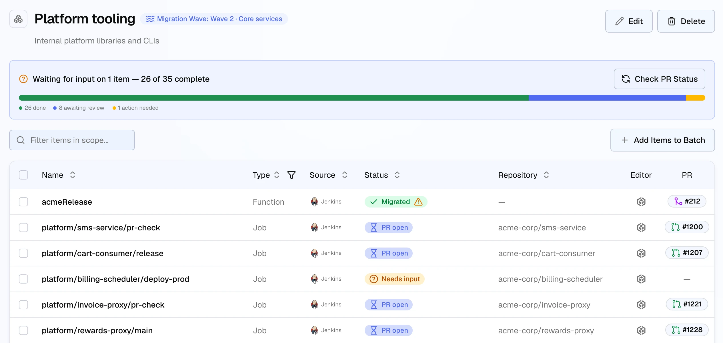 The Platform tooling batch: the Batch Execution panel reads Waiting for input on 1 item, 26 of 35 complete, with a Check PR Status button and a progress bar with 26 done, 8 awaiting review, and 1 action needed; below it the scope grid lists the acmeRelease function and several jobs with status pills such as Migrated, PR open, and Needs input, and their pull request numbers.
