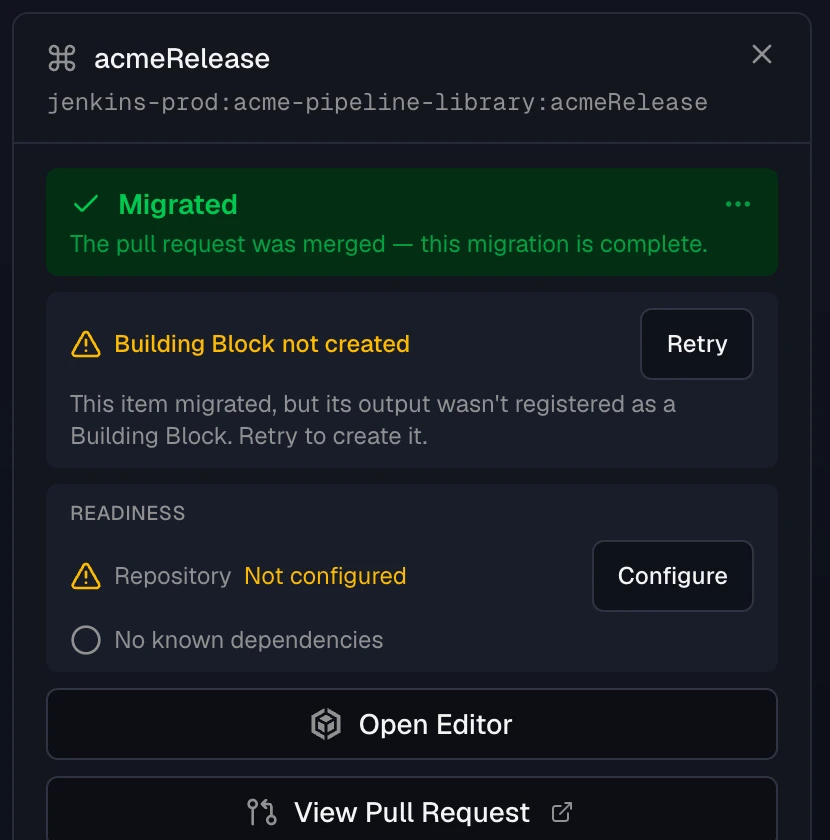 The detail panel of the acmeRelease function in a batch: a green Migrated banner, then a Building Block not created advisory with a Retry button and the note This item migrated, but its output wasn't registered as a Building Block.