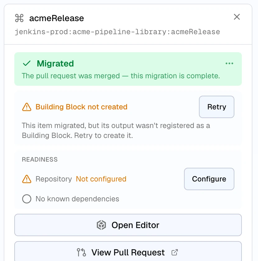 The detail panel of the acmeRelease function in a batch: a green Migrated banner, then a Building Block not created advisory with a Retry button and the note This item migrated, but its output wasn't registered as a Building Block.