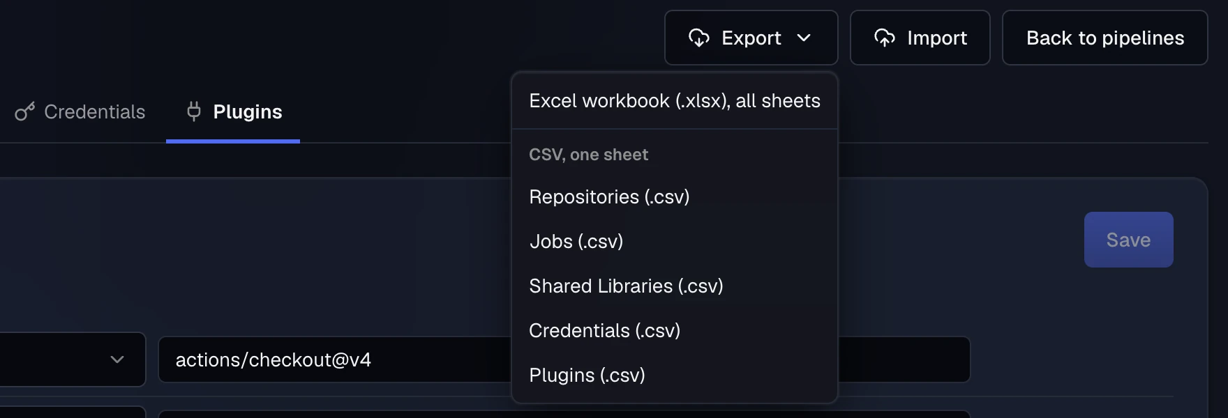 The Export menu open on the Migration Mappings page: Excel workbook (.xlsx), all sheets, and under CSV, one sheet: Repositories, Jobs, Shared Libraries, Credentials, and Plugins.