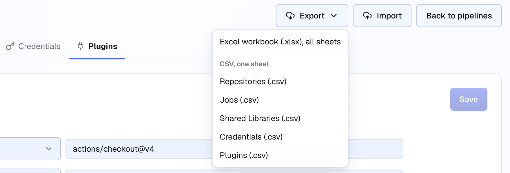 The Export menu open on the Migration Mappings page: Excel workbook (.xlsx), all sheets, and under CSV, one sheet: Repositories, Jobs, Shared Libraries, Credentials, and Plugins.